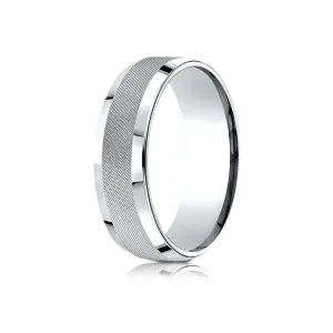 14 Karat White Gold 7mm Comfort-fit High Polish Round Edge Cross Hatch Center Design Band