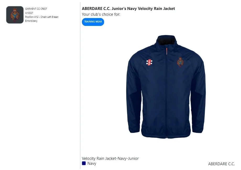 ABERDARE C.C. Junior's Navy Velocity Rain Jacket