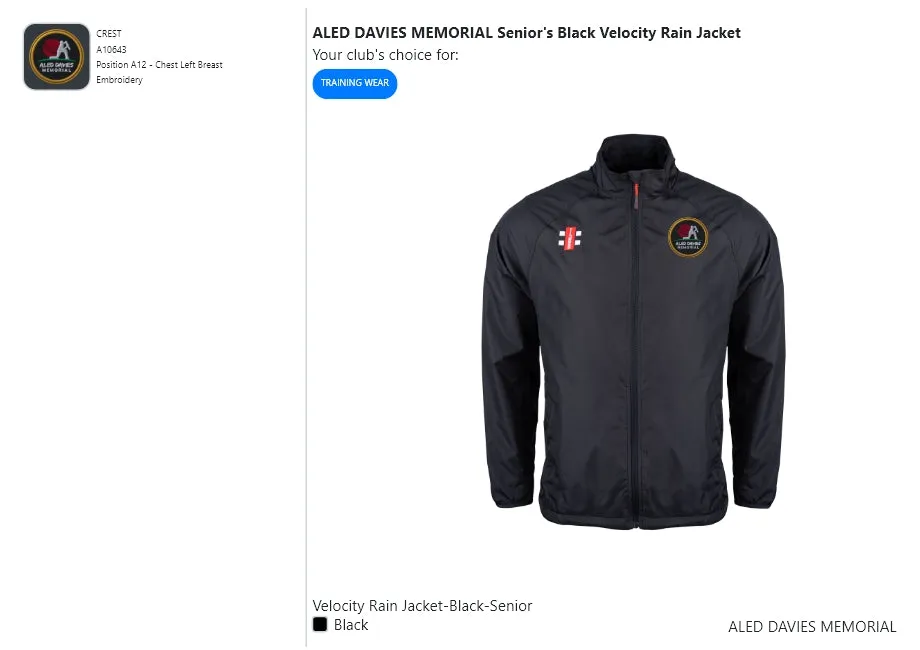 ALED DAVIES MEMORIAL  Senior's Black Velocity Rain Jacket