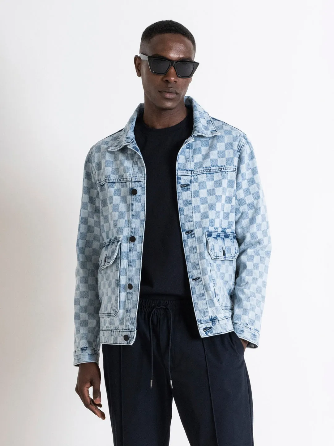 Antony Morato Men Blue Printed Spread Collar Full Sleeves Denim Jacket