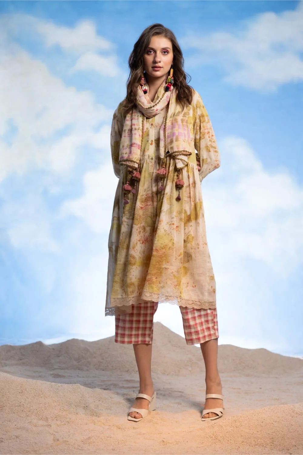 BAND COLLAR FLARE ECO PRINT DRESS   PANTS   STOLE