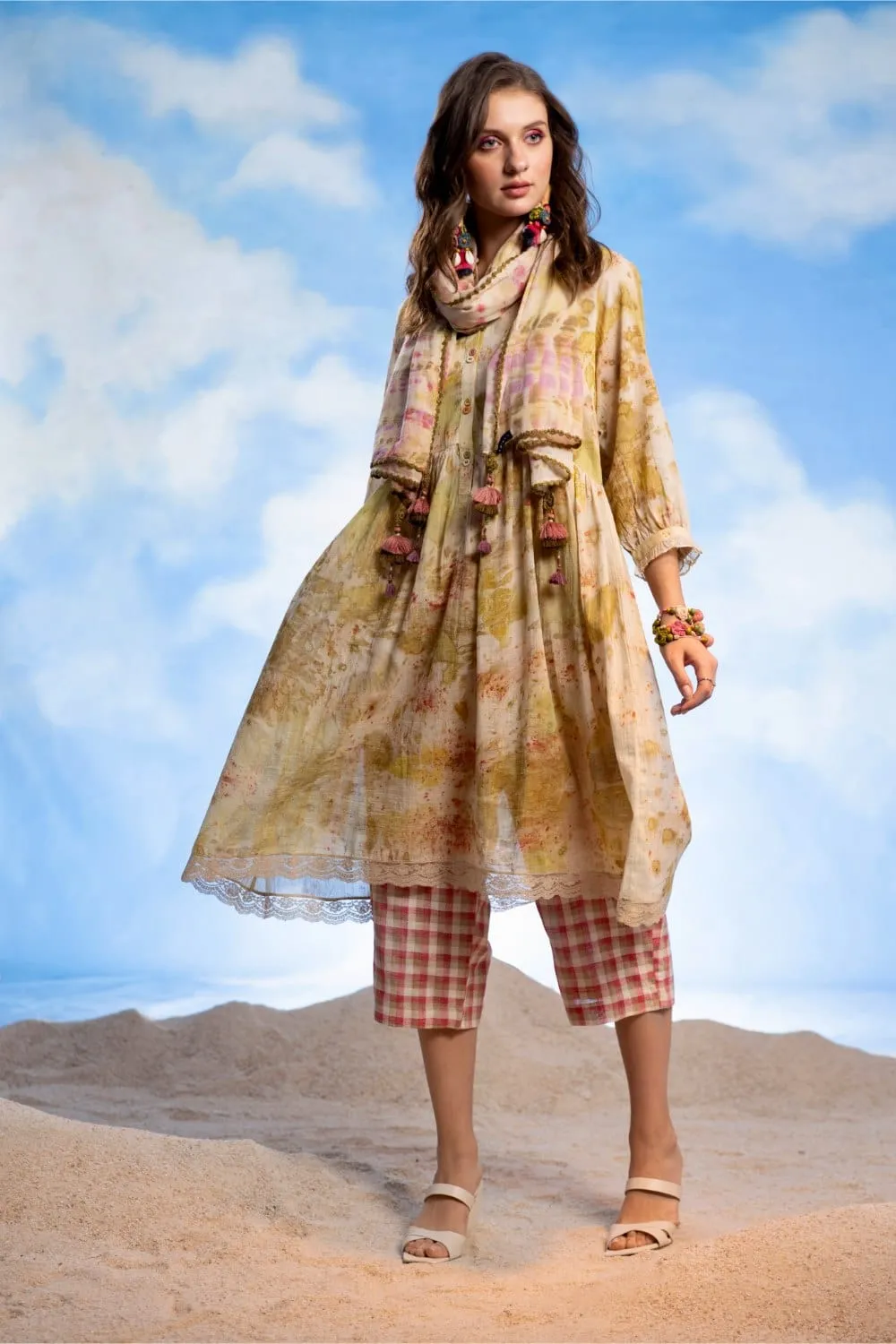 BAND COLLAR FLARE ECO PRINT DRESS   PANTS   STOLE