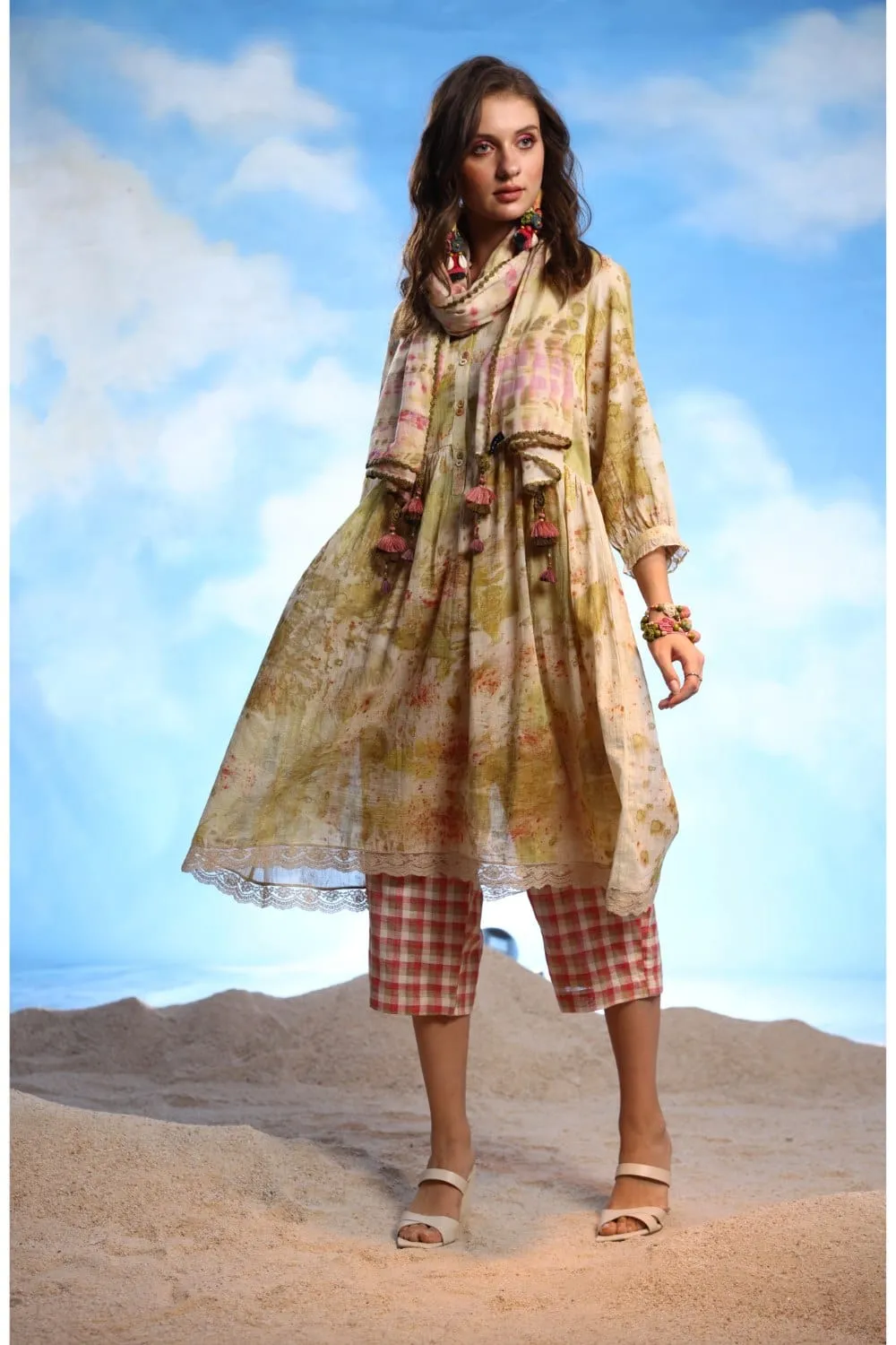 BAND COLLAR FLARE ECO PRINT DRESS   PANTS   STOLE