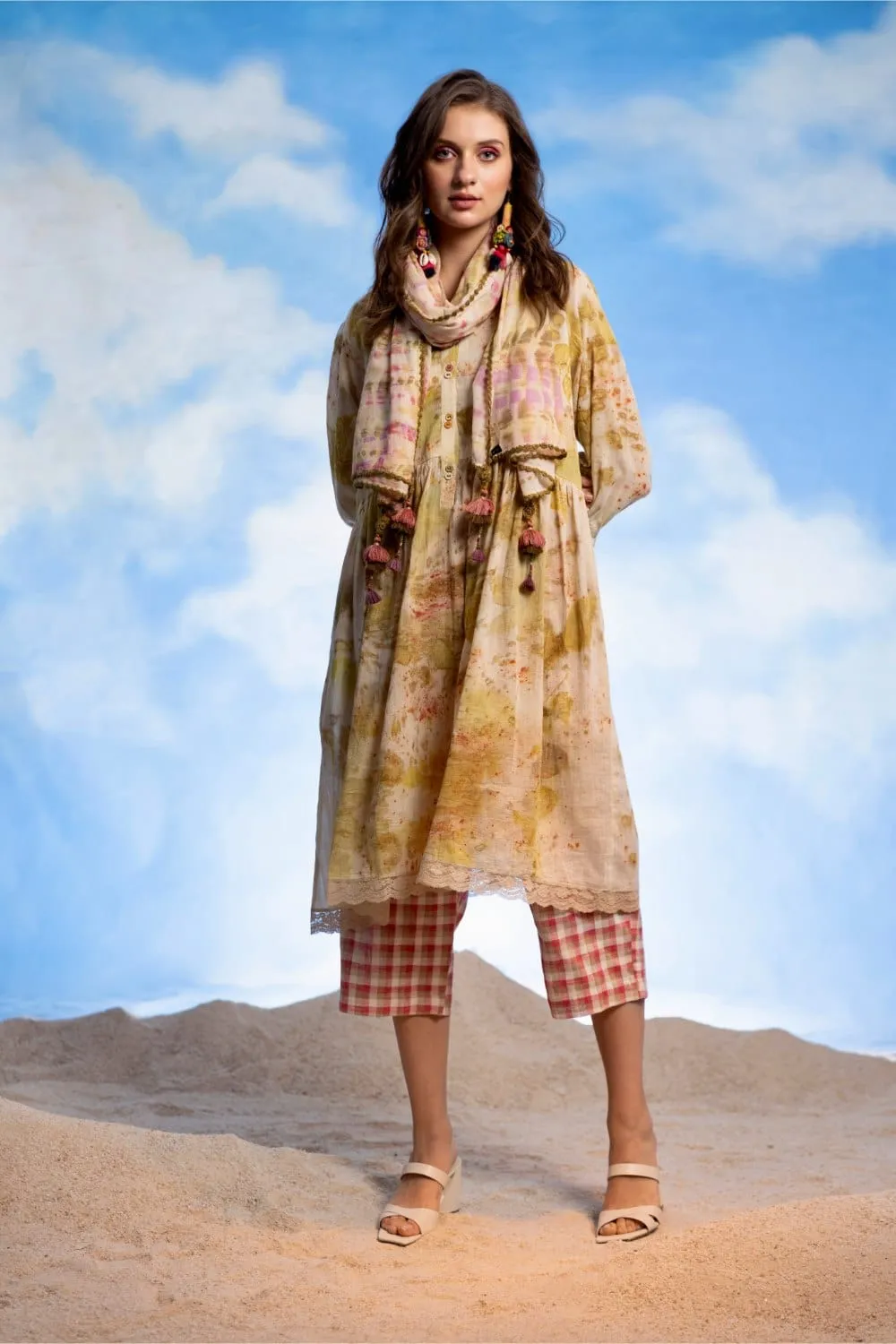 BAND COLLAR FLARE ECO PRINT DRESS   PANTS   STOLE