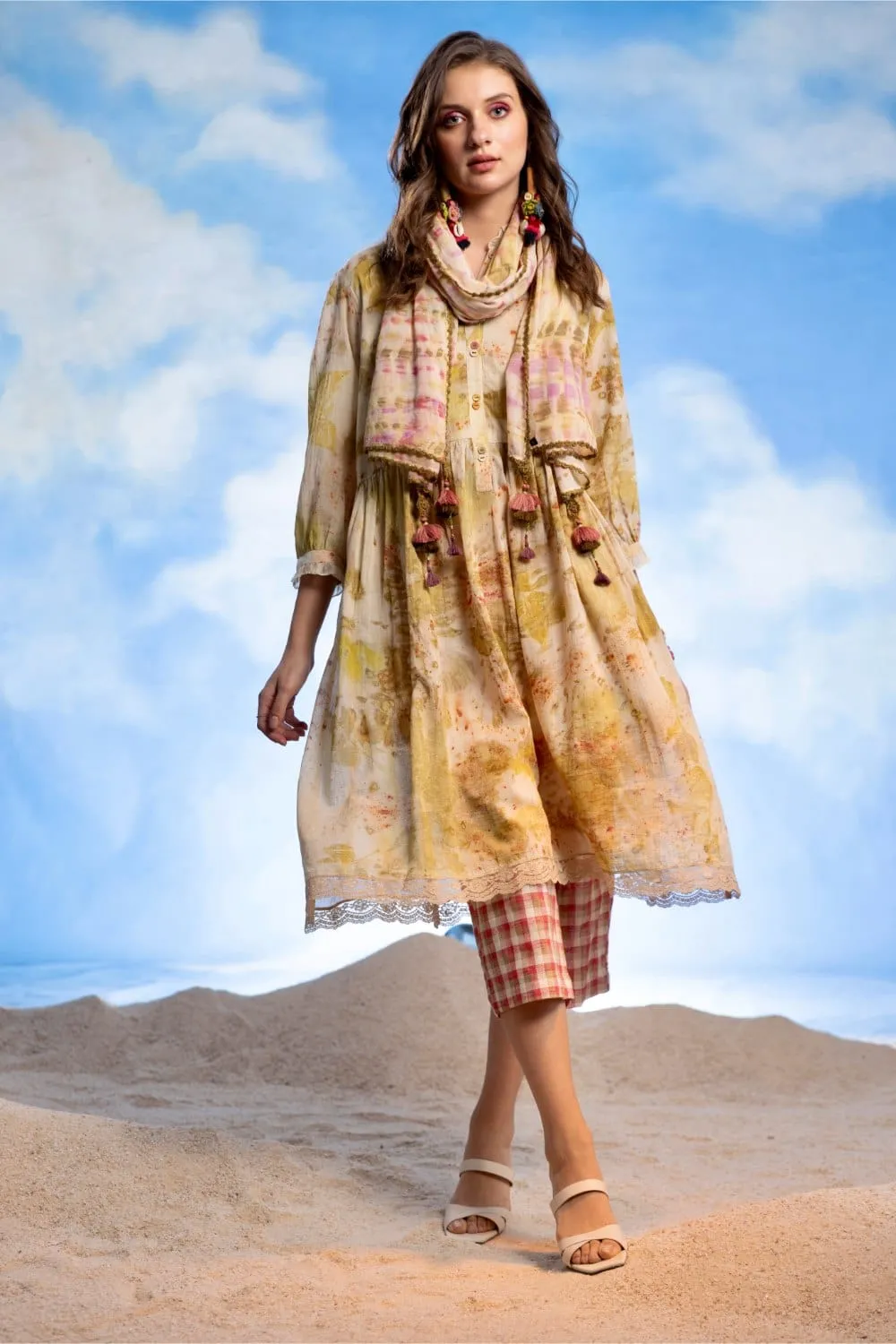 BAND COLLAR FLARE ECO PRINT DRESS   PANTS   STOLE