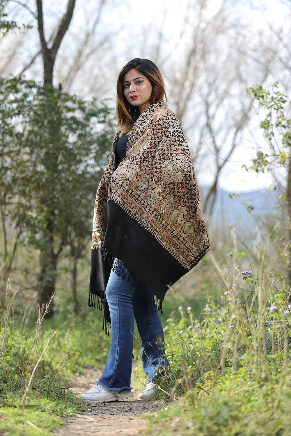 Black Stole With Graceful Dense Jaal Pattern Of Kashmiri Embroidery Makes It An Ideal Wear.