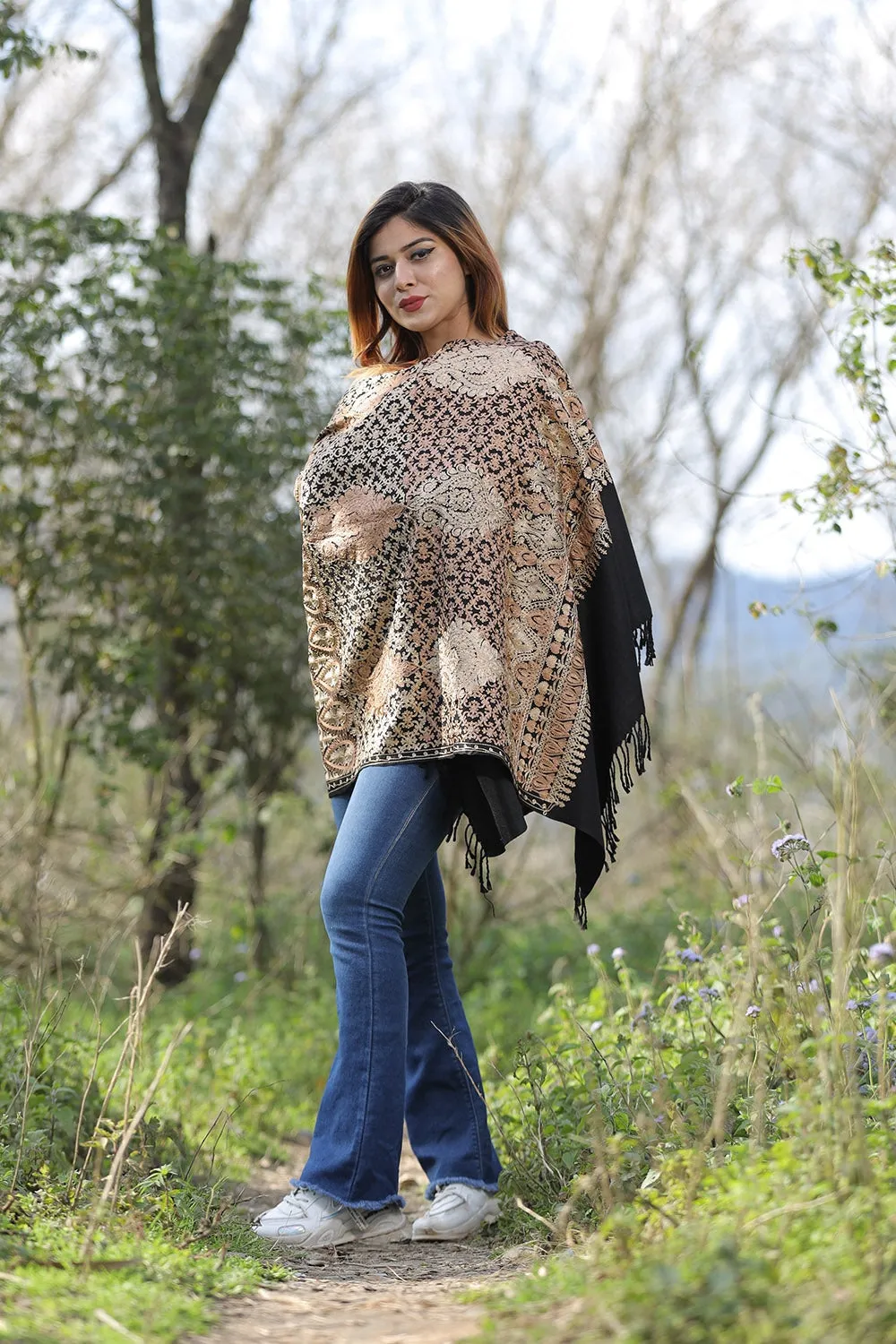 Black Stole With Graceful Dense Jaal Pattern Of Kashmiri Embroidery Makes It An Ideal Wear.