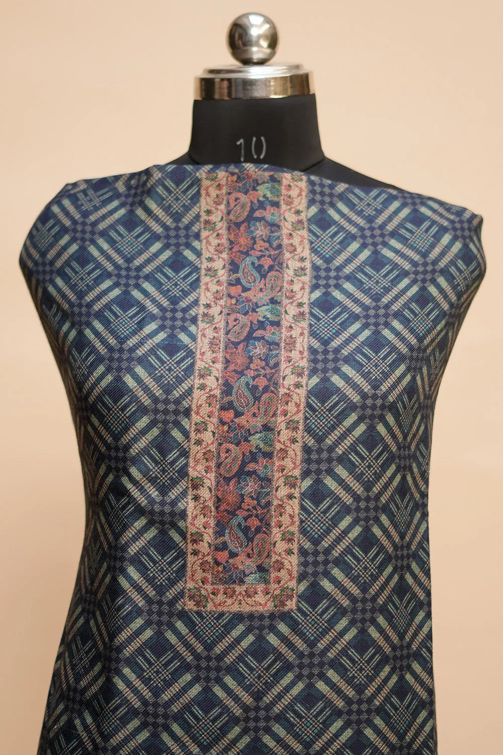Blue Color Woolen Kashmiri Kani Work Unstitched Suit Fabric With Stole.