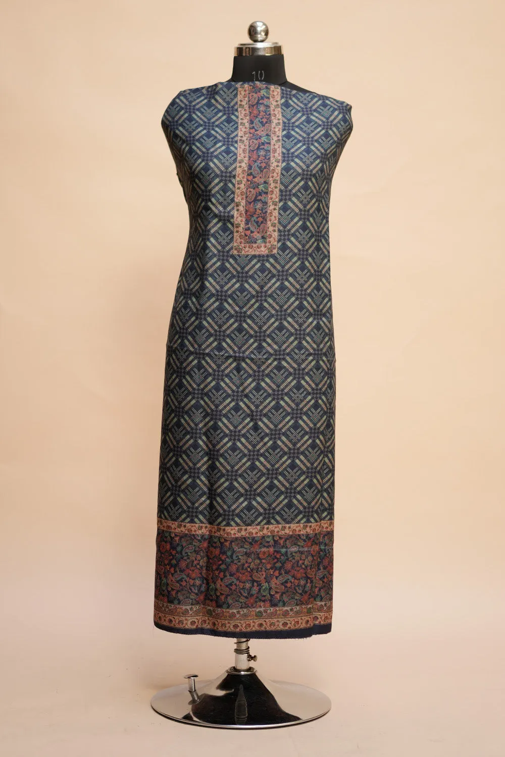 Blue Color Woolen Kashmiri Kani Work Unstitched Suit Fabric With Stole.
