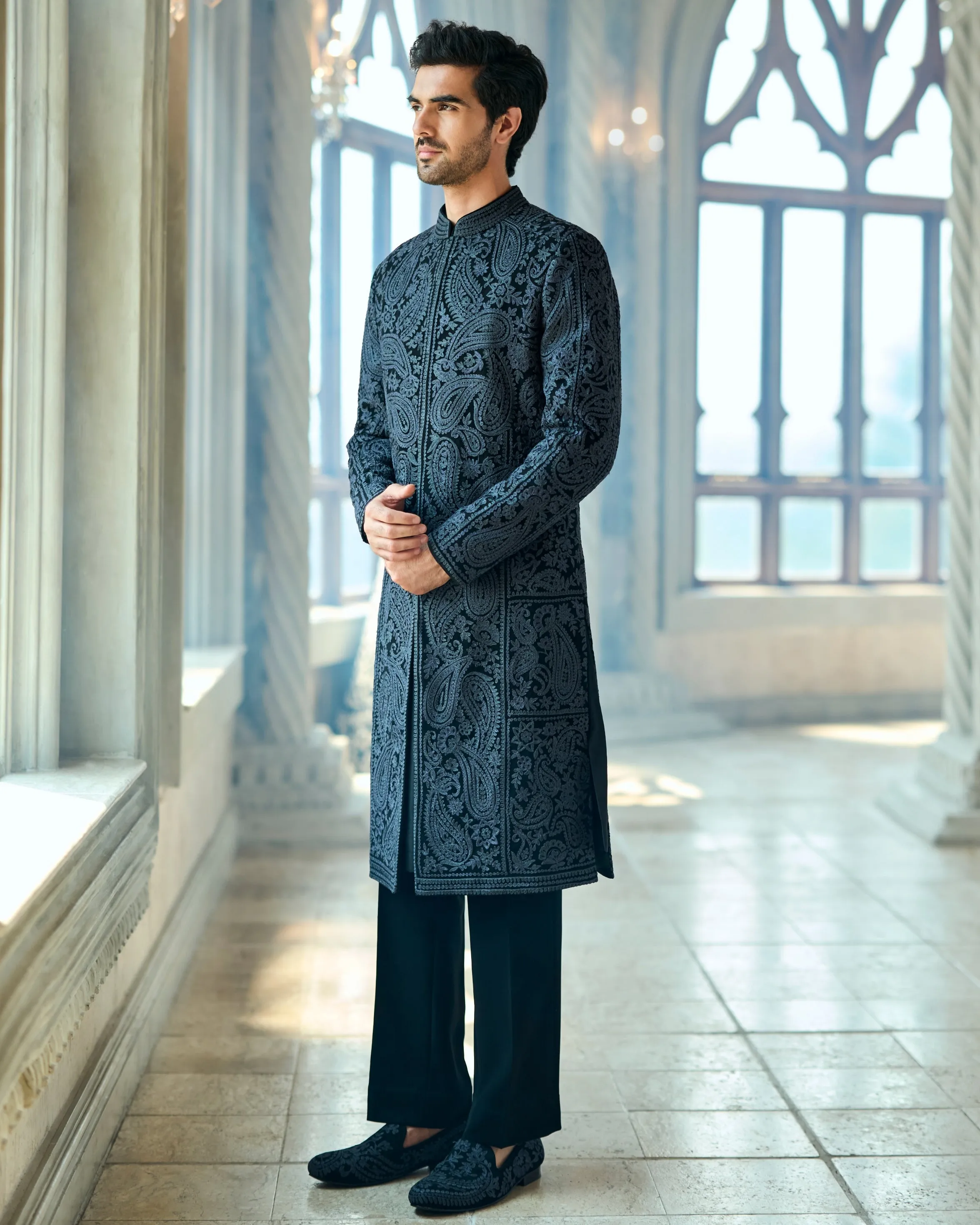 Chapelle Charcoal Thread Work Sherwani Set