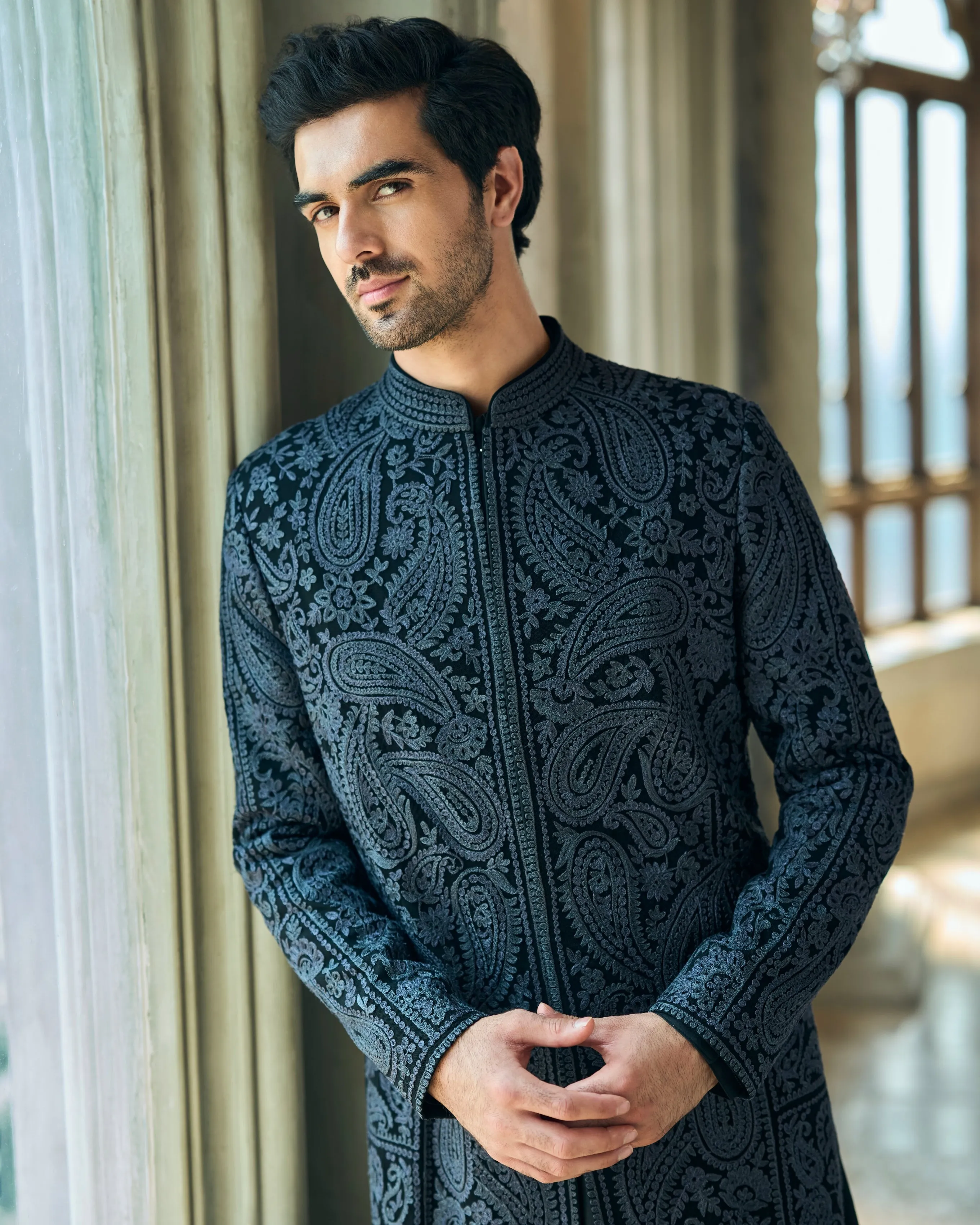 Chapelle Charcoal Thread Work Sherwani Set