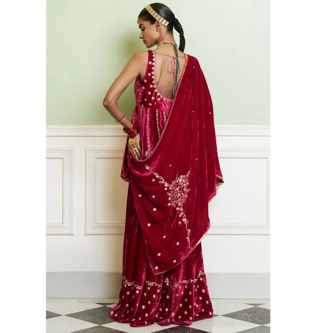 Fuchsia Embroidered Velvet Sharara Set