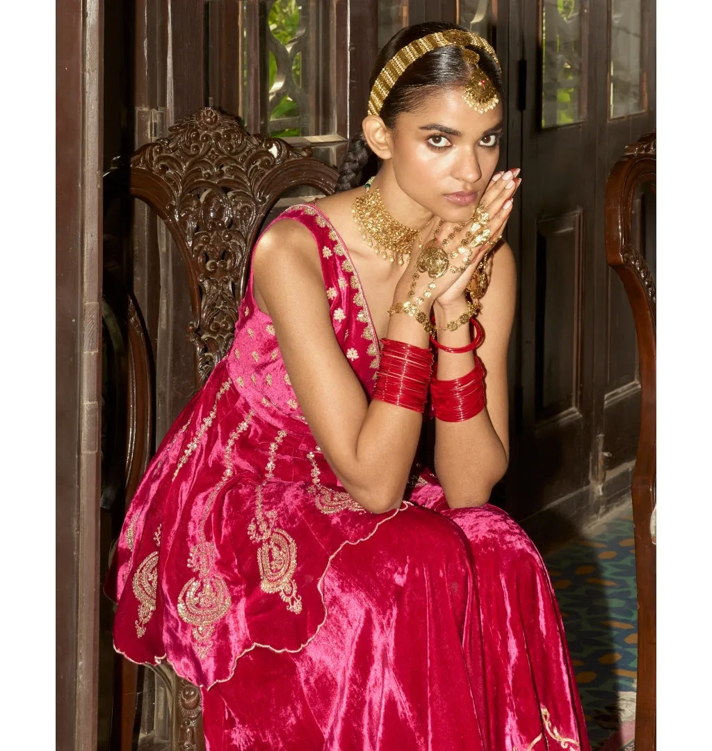 Fuchsia Embroidered Velvet Sharara Set