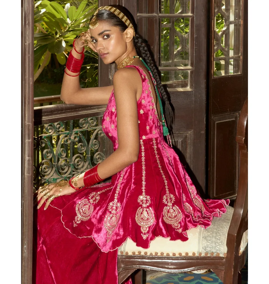 Fuchsia Embroidered Velvet Sharara Set