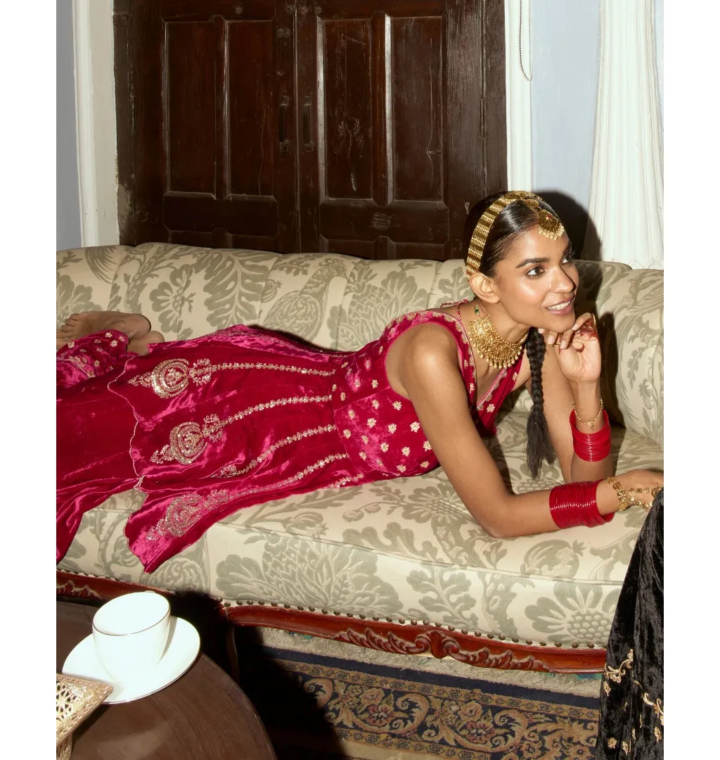Fuchsia Embroidered Velvet Sharara Set