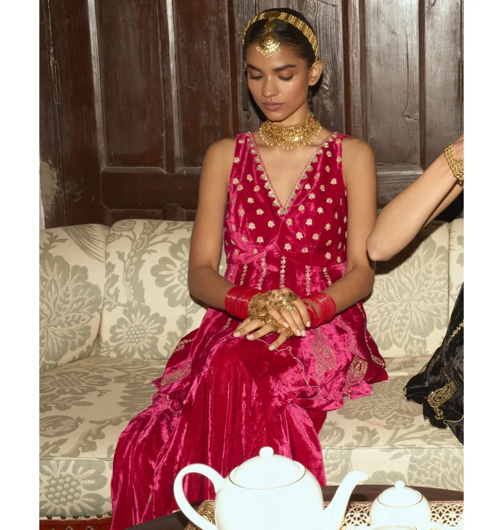Fuchsia Embroidered Velvet Sharara Set