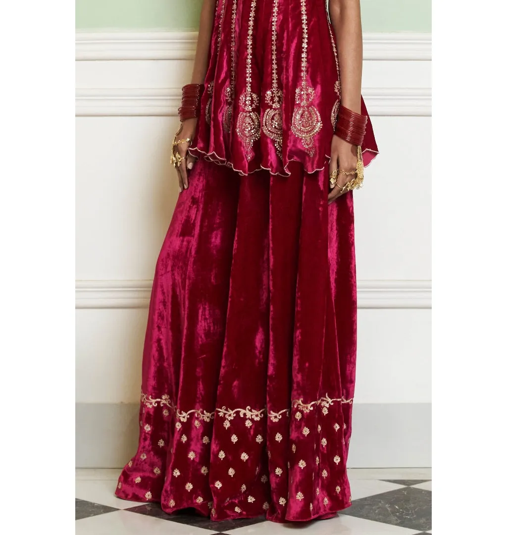 Fuchsia Embroidered Velvet Sharara Set