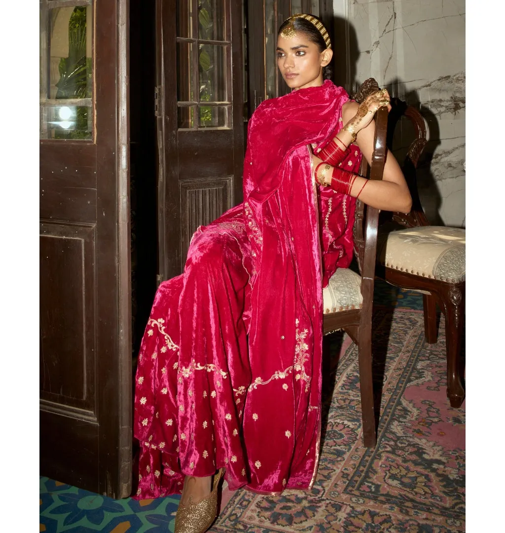 Fuchsia Embroidered Velvet Sharara Set