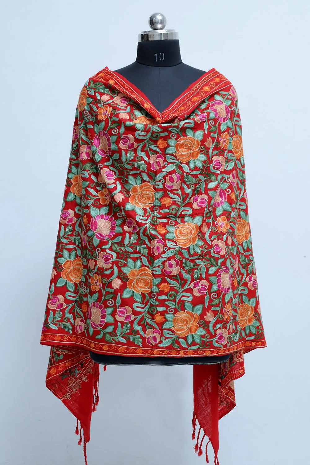 Gorgeous Red Colour Stole With Graceful Dense Jaal Pattern Of Kashmiri Embroidery Makes It An Ideal Wear.