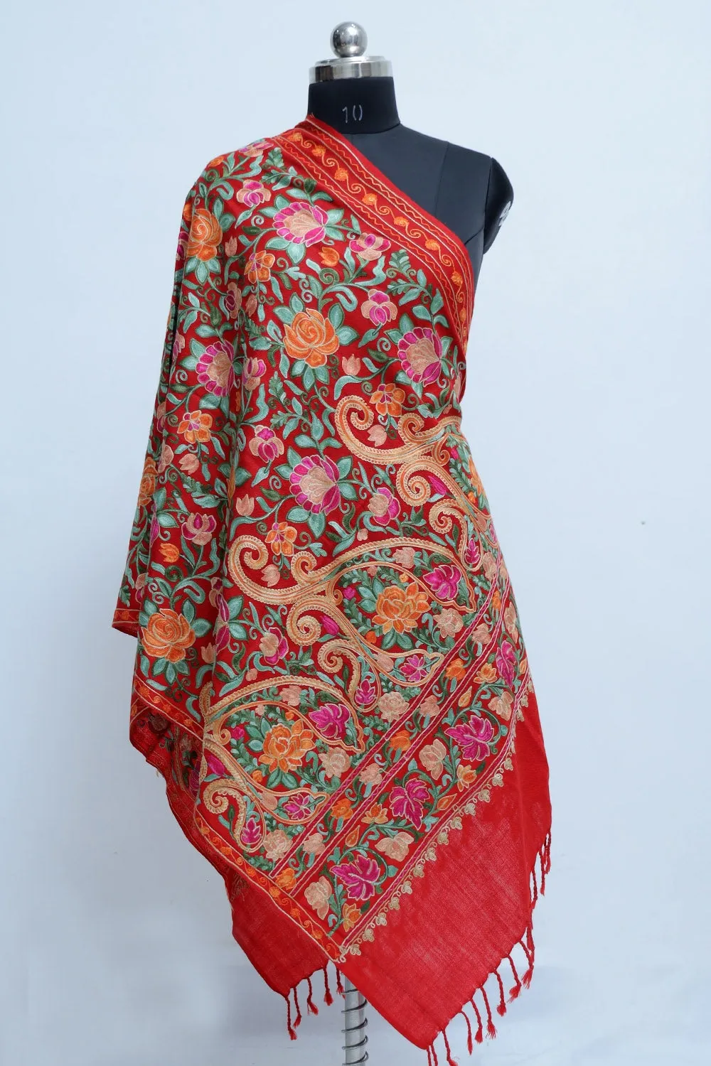 Gorgeous Red Colour Stole With Graceful Dense Jaal Pattern Of Kashmiri Embroidery Makes It An Ideal Wear.