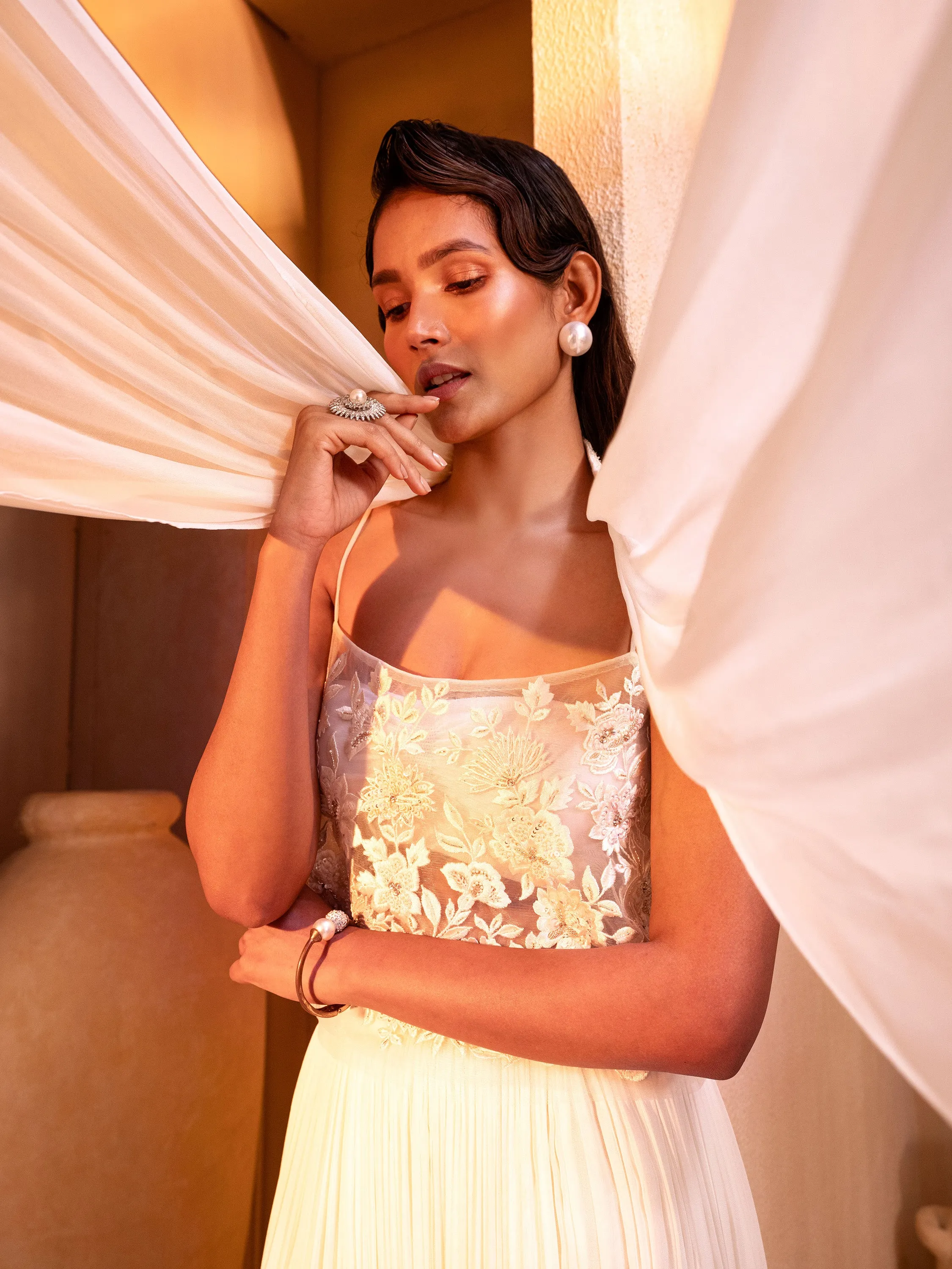 Ivory Embroidered Crop Top With Gathered skirt And Stole