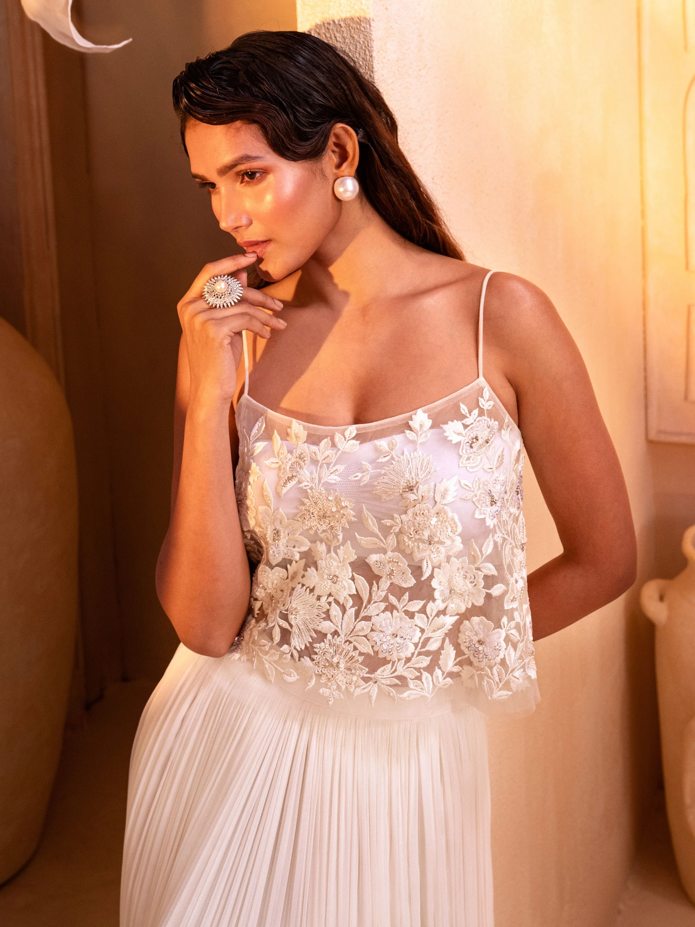 Ivory Embroidered Crop Top With Gathered skirt And Stole