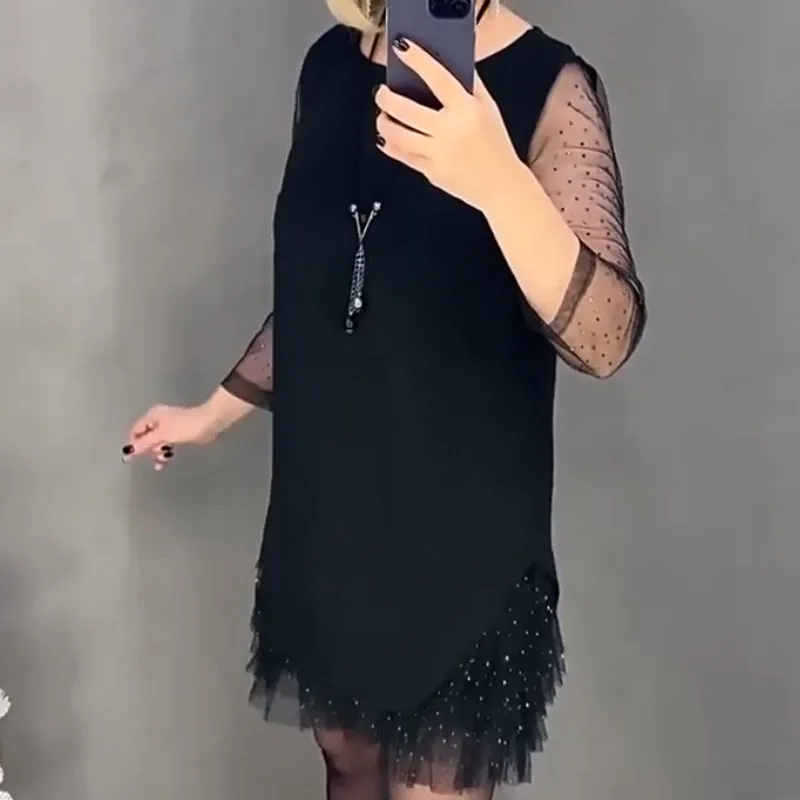 Lace Sequin Hem Mesh Sheer Sleeve Mini Dress