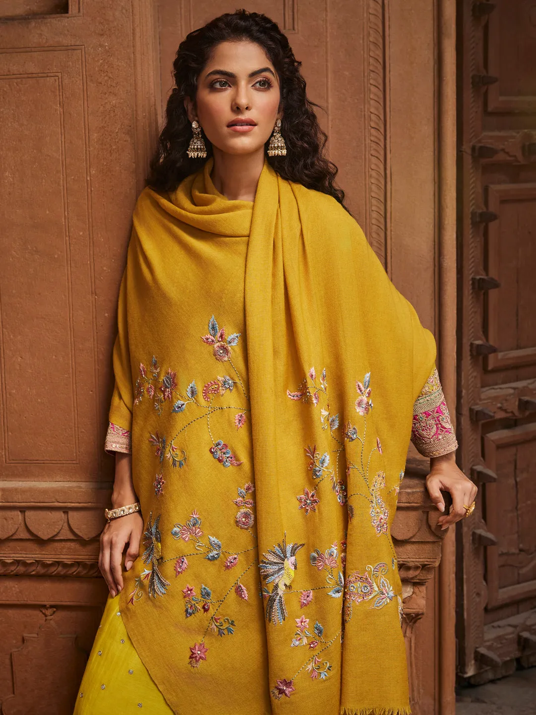 Naadiya Floral Mustard Woolen Embroidered Stole