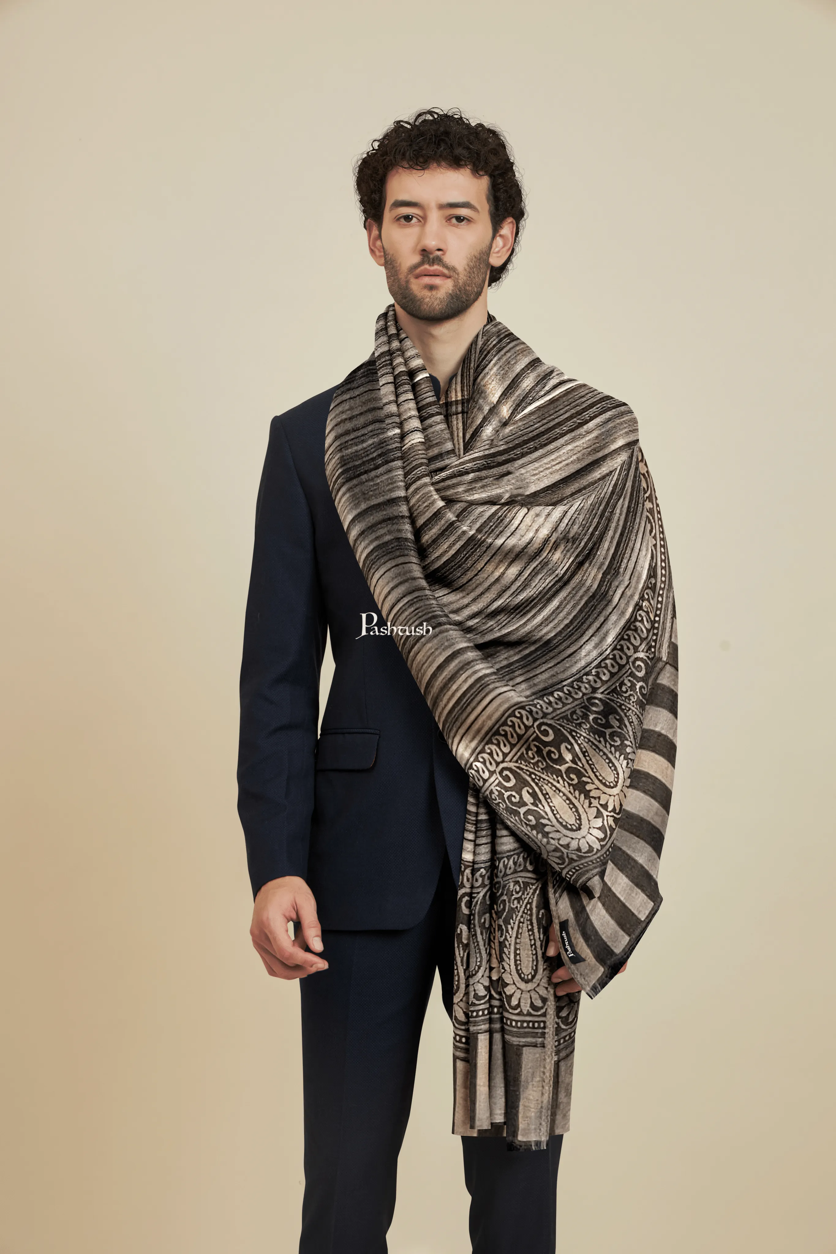 Pashtush Mens Bamboo Scarf, Woven Paisley Soft And Natural, Black