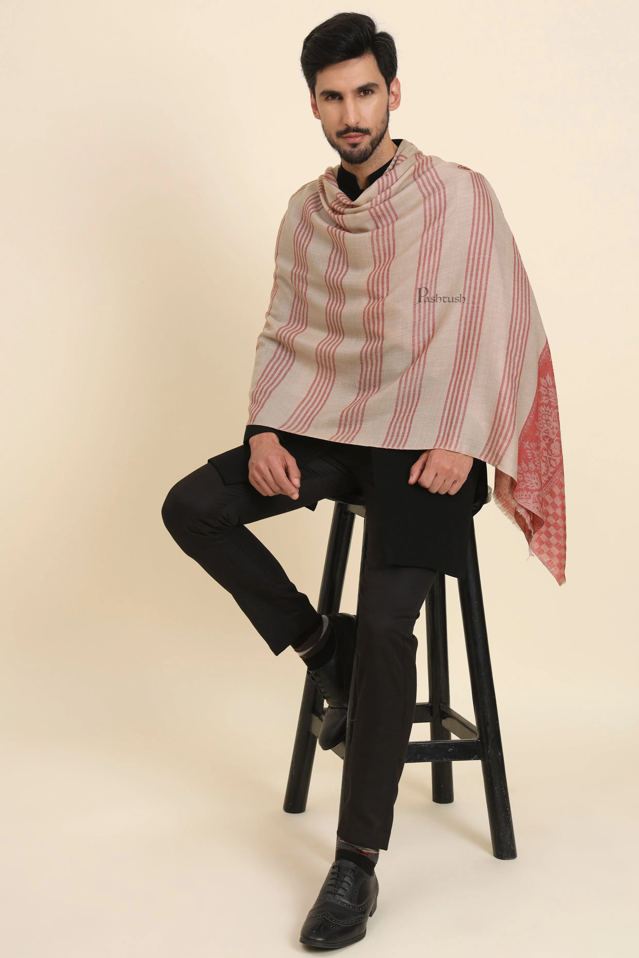 Pashtush Mens Extra Fine Wool Stole, Checkered Palla With Striped Design, Beige And Maroon