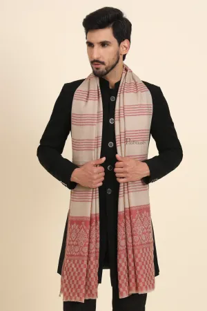 Pashtush Mens Extra Fine Wool Stole, Checkered Palla With Striped Design, Beige And Maroon