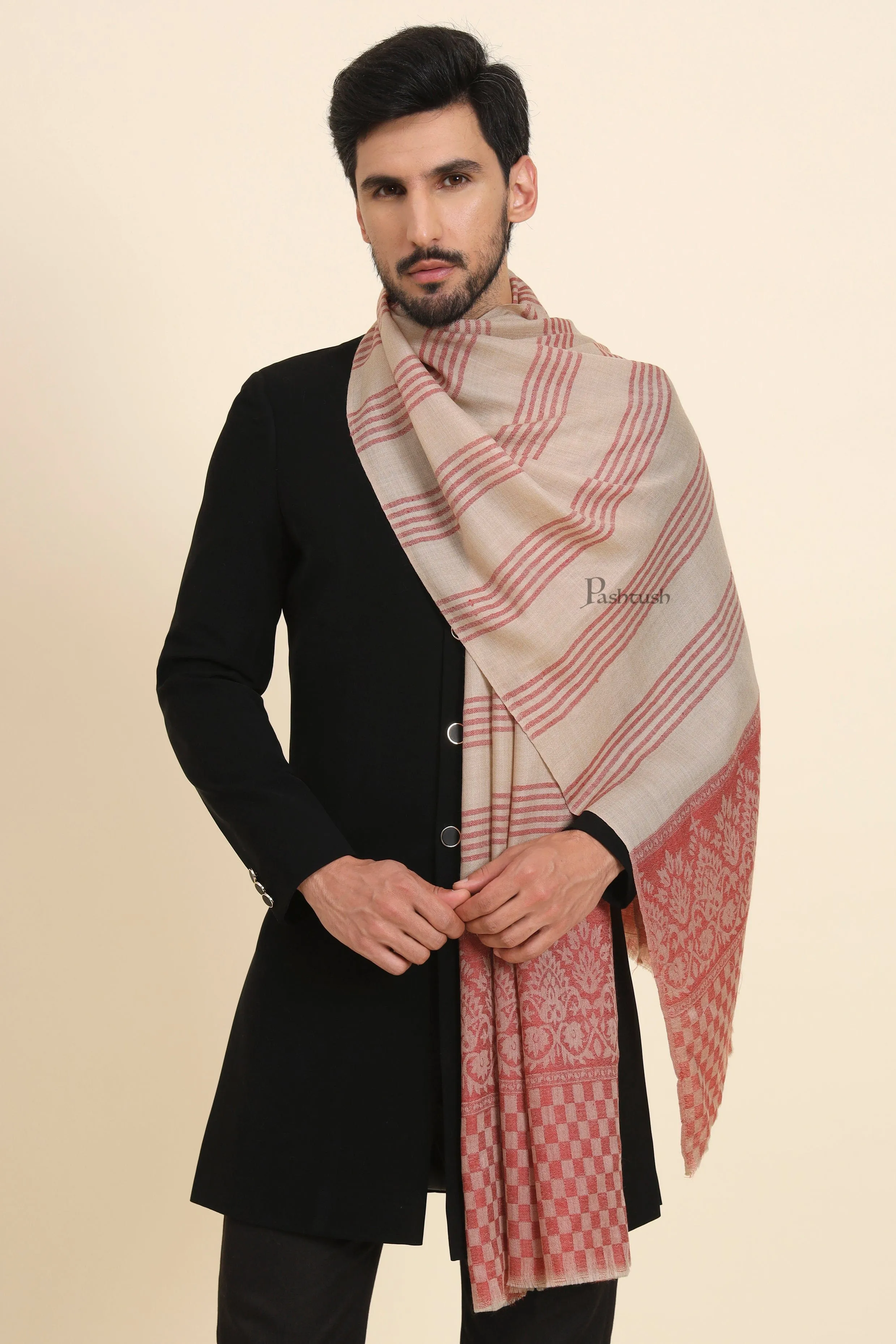 Pashtush Mens Extra Fine Wool Stole, Checkered Palla With Striped Design, Beige And Maroon