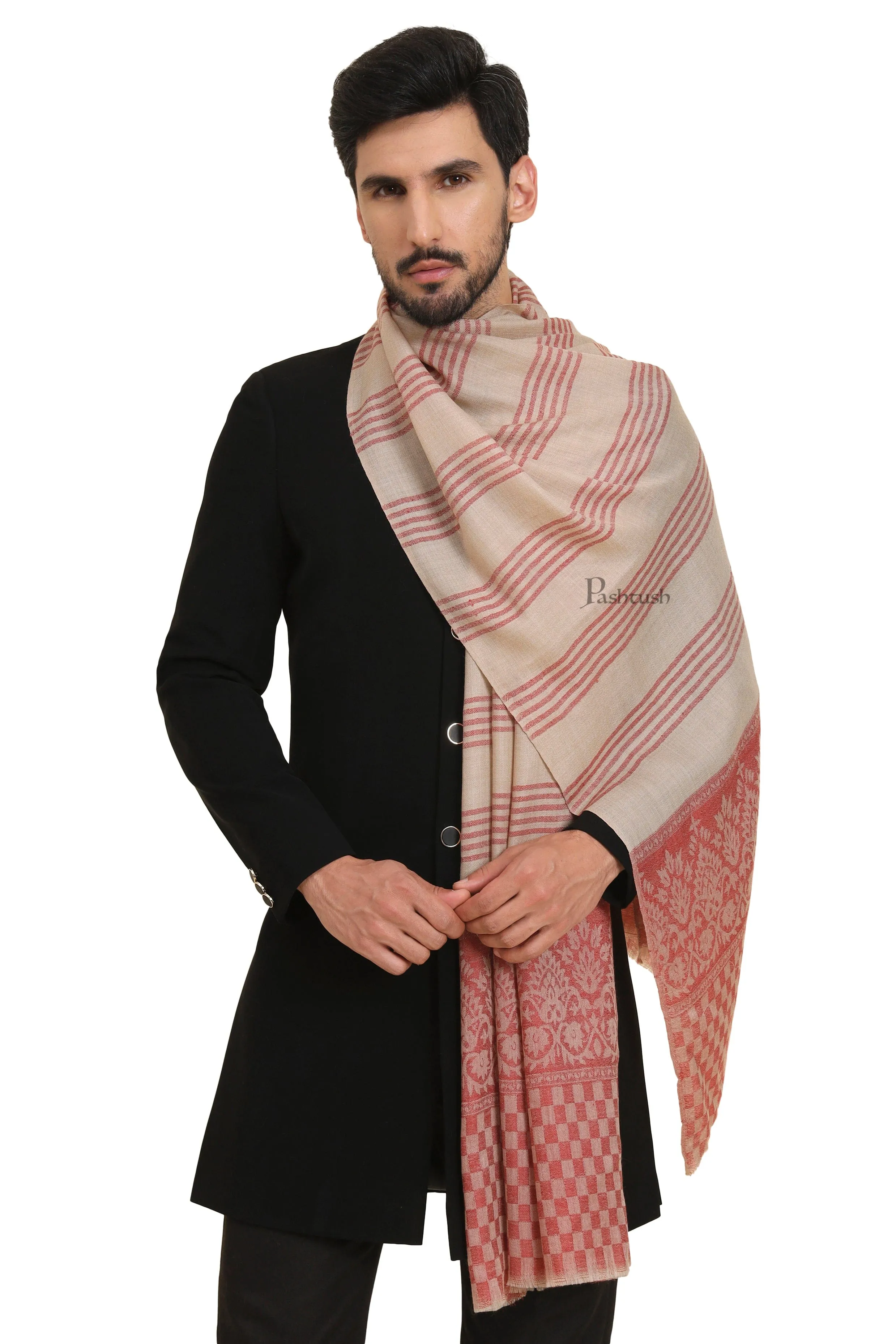 Pashtush Mens Extra Fine Wool Stole, Checkered Palla With Striped Design, Beige And Maroon