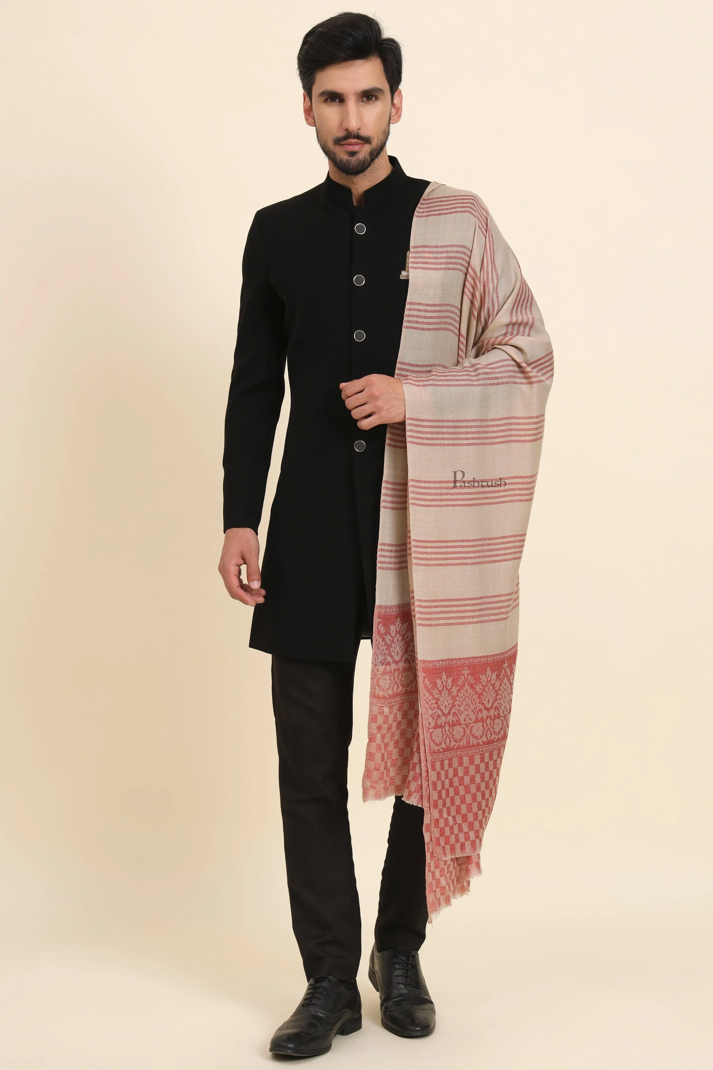 Pashtush Mens Extra Fine Wool Stole, Checkered Palla With Striped Design, Beige And Maroon