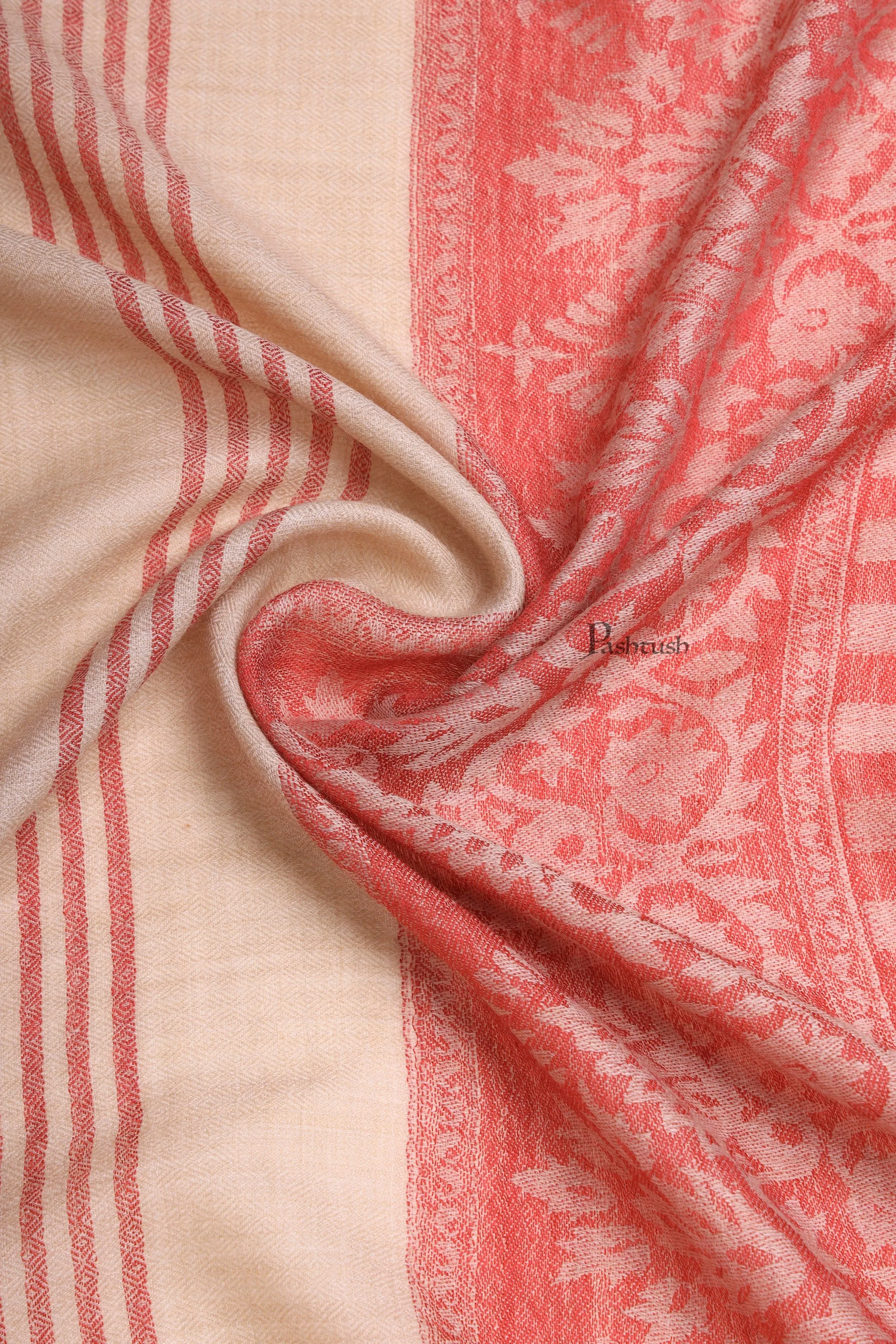 Pashtush Mens Extra Fine Wool Stole, Checkered Palla With Striped Design, Beige And Maroon