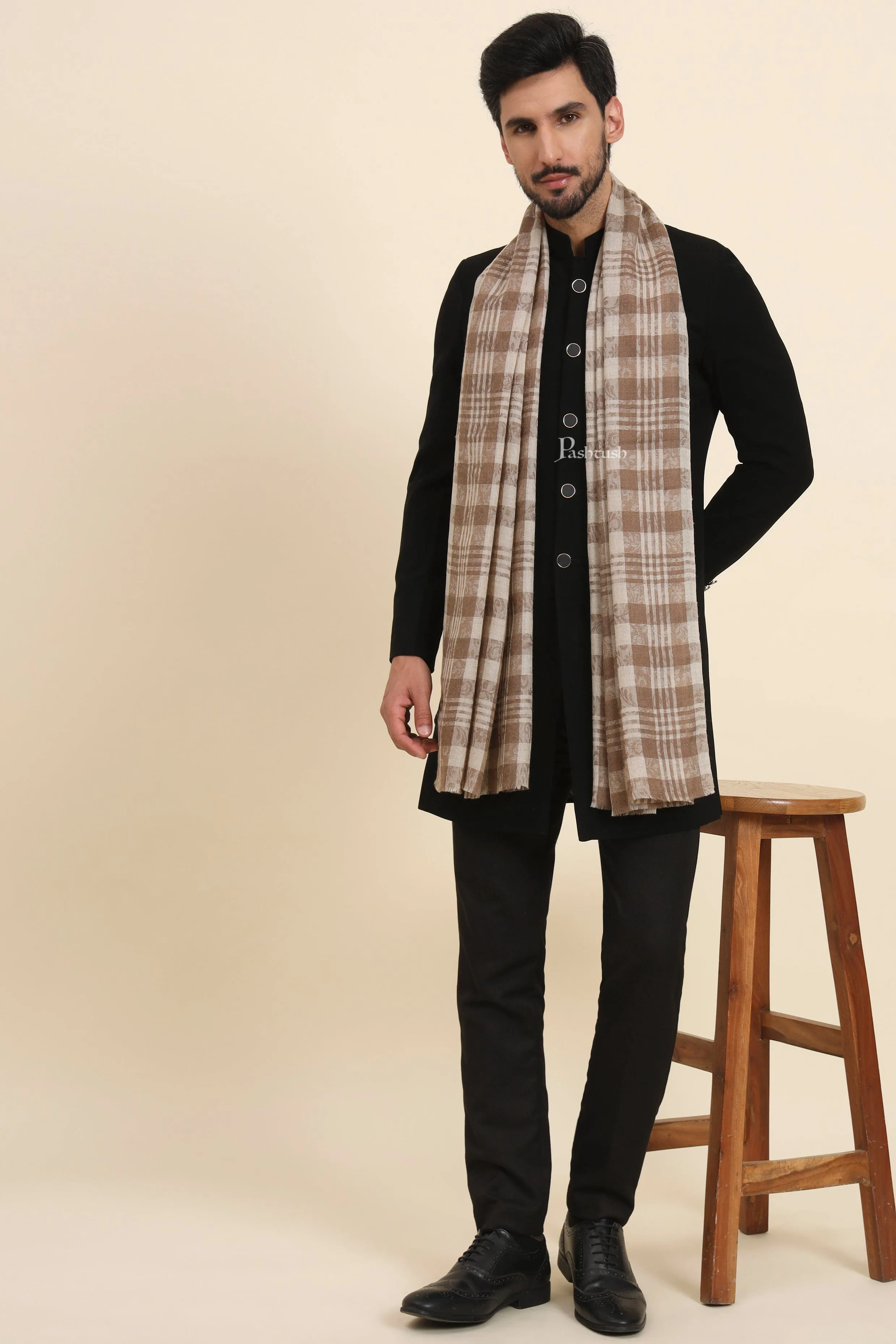 Pashtush Mens Extra Fine Wool Stole, Checkered Weave Design, Beige