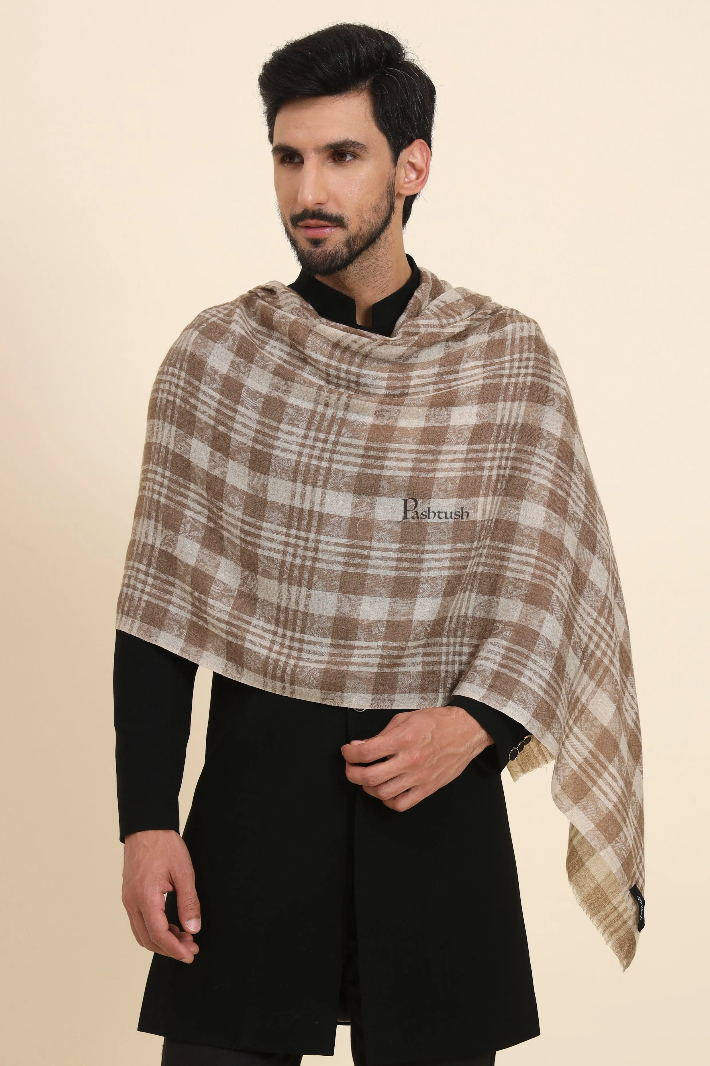 Pashtush Mens Extra Fine Wool Stole, Checkered Weave Design, Beige