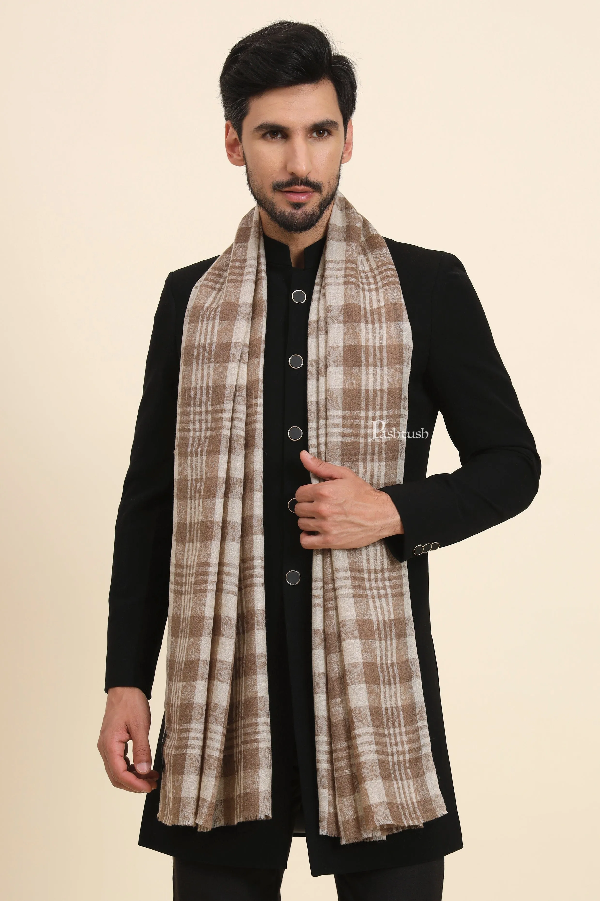Pashtush Mens Extra Fine Wool Stole, Checkered Weave Design, Beige