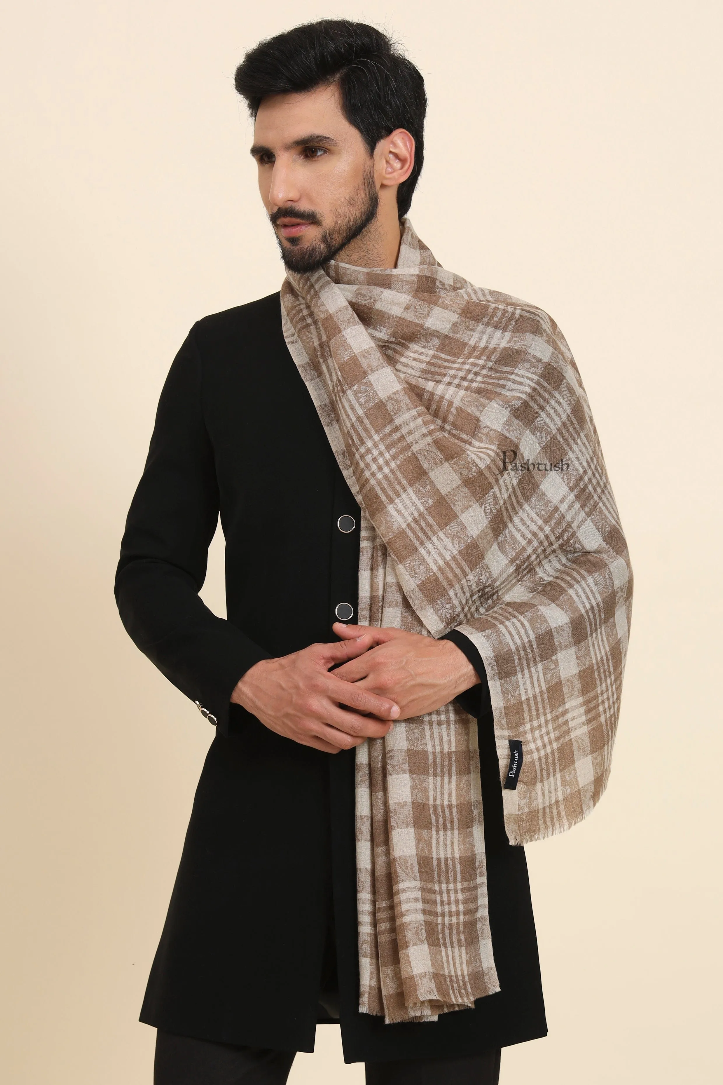 Pashtush Mens Extra Fine Wool Stole, Checkered Weave Design, Beige