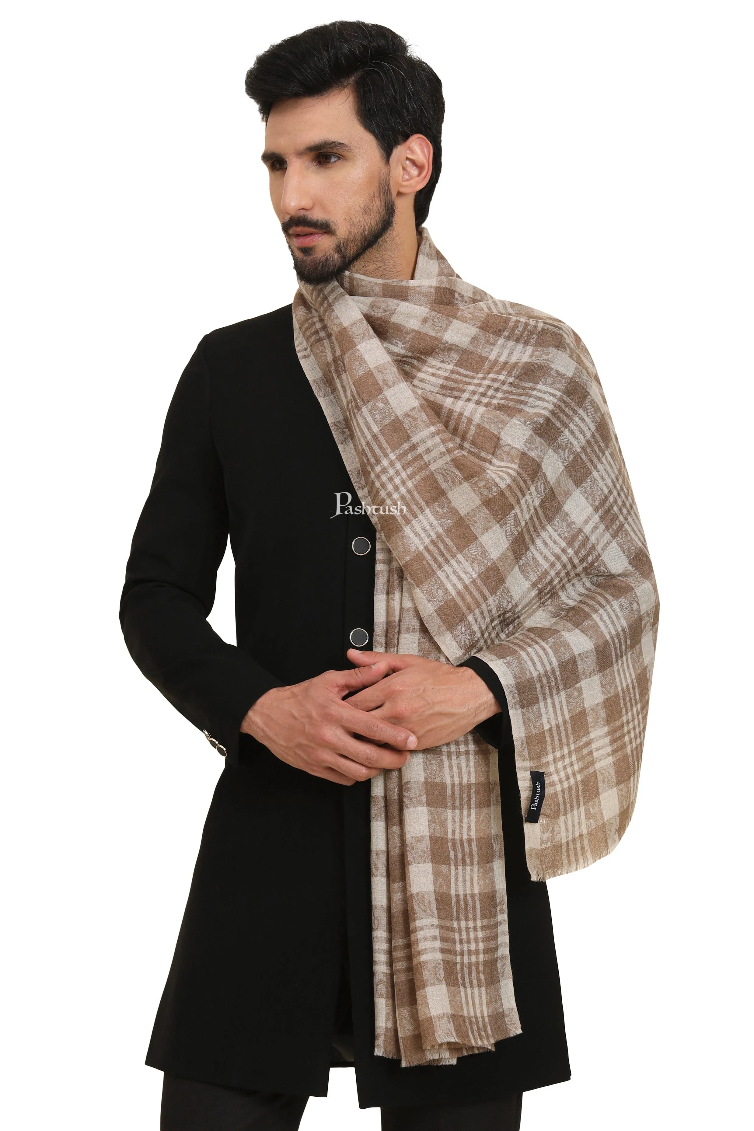 Pashtush Mens Extra Fine Wool Stole, Checkered Weave Design, Beige