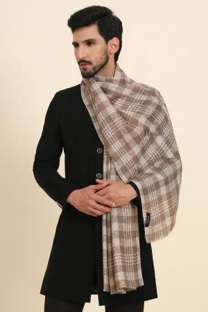 Pashtush Mens Extra Fine Wool Stole, Checkered Weave Design, Beige