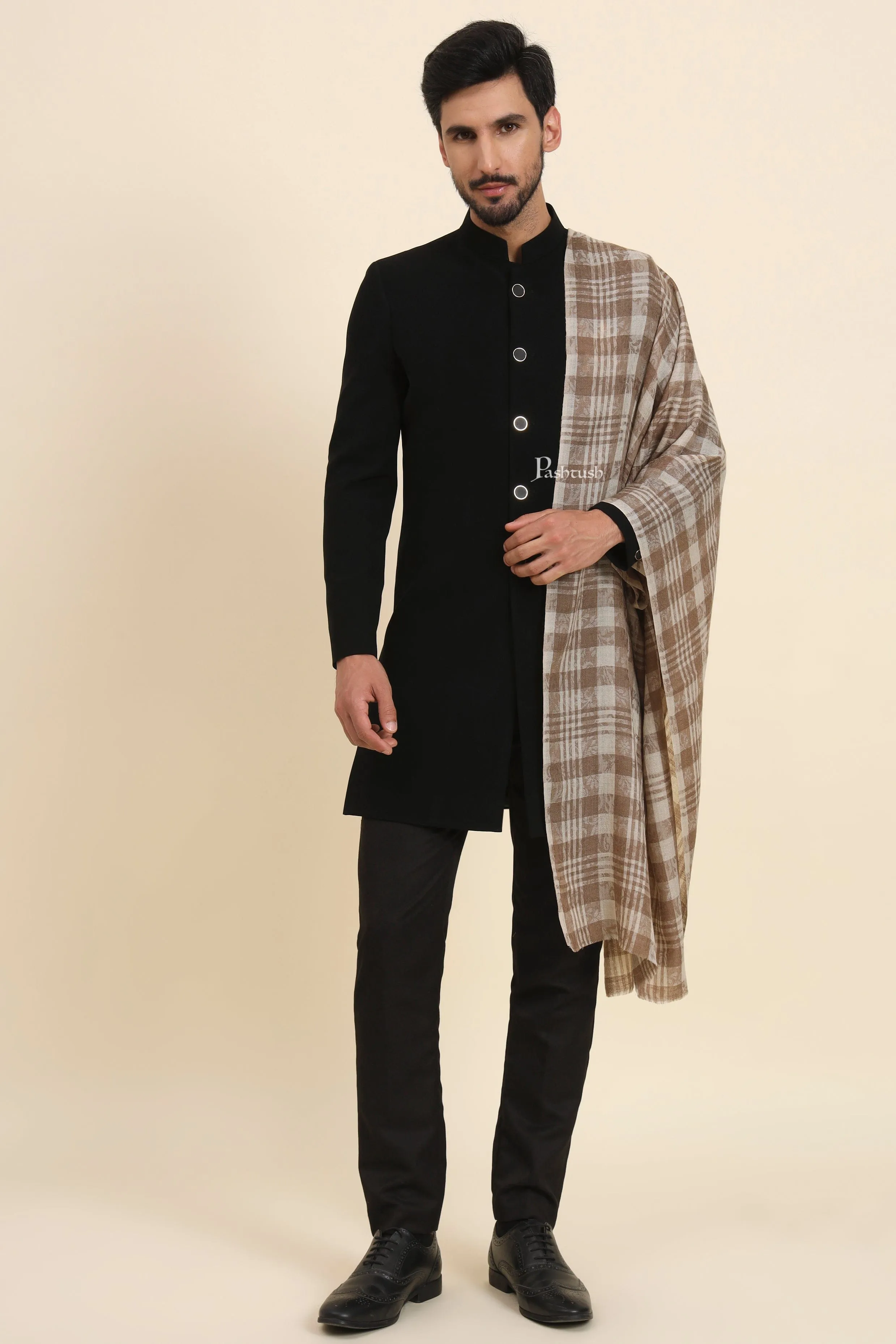 Pashtush Mens Extra Fine Wool Stole, Checkered Weave Design, Beige