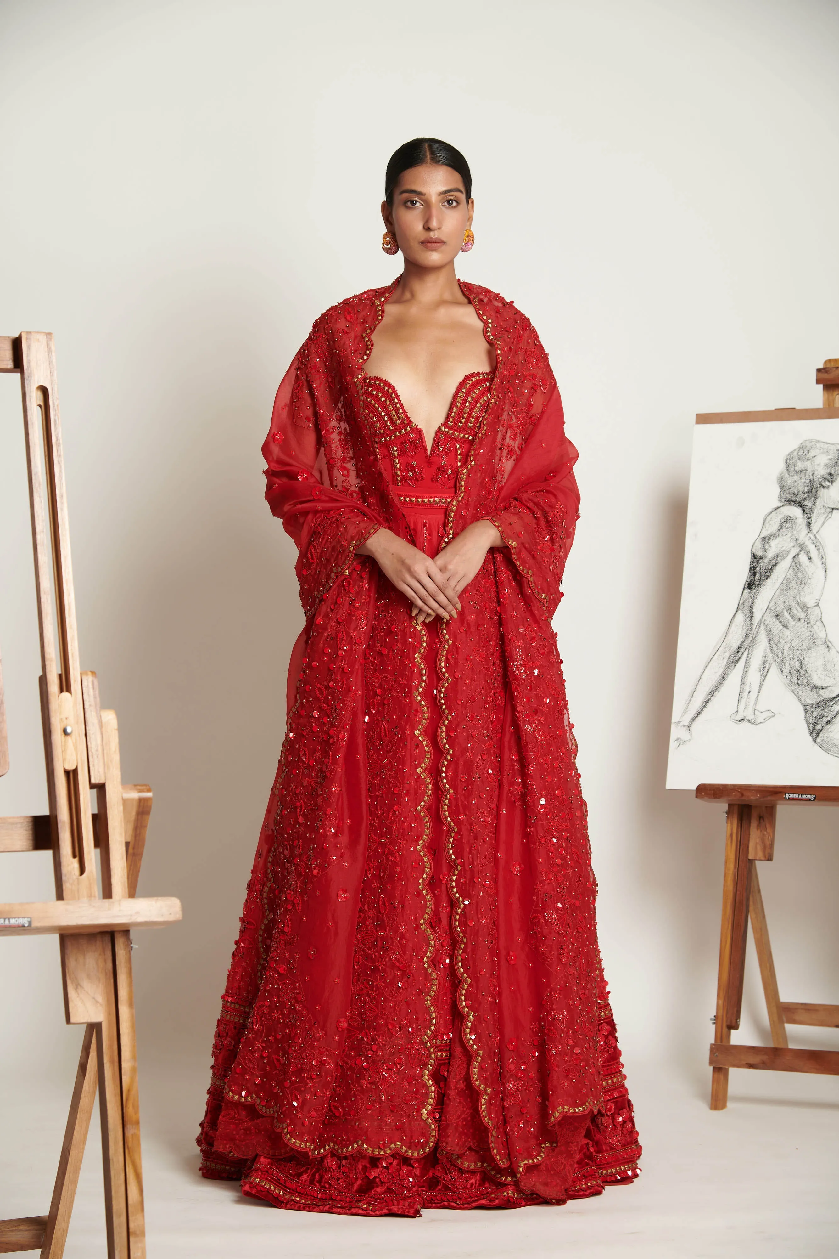 Vermilliion Botanique Lehenga with Embellished Bodysuit and Floral Applique Dupatta