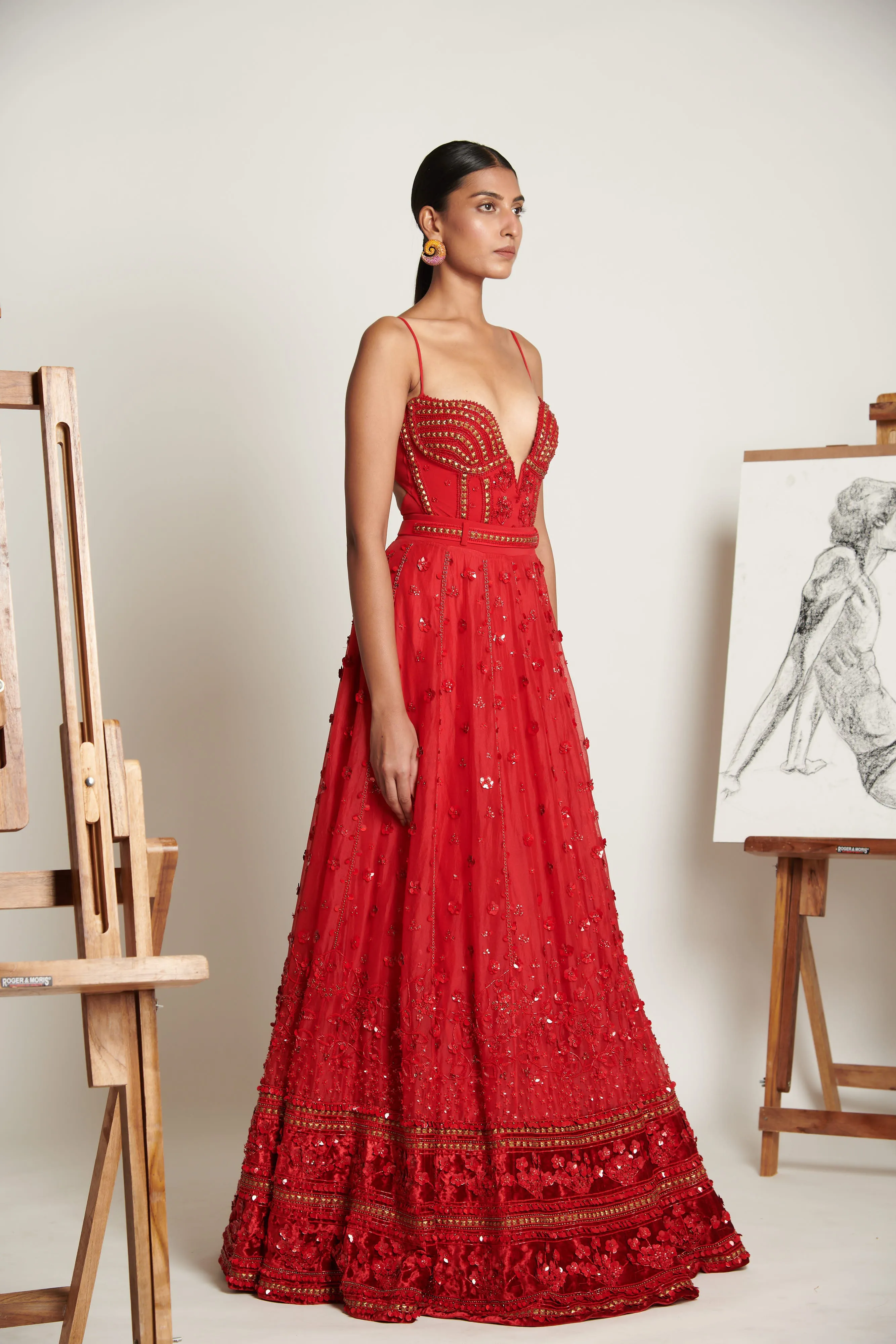 Vermilliion Botanique Lehenga with Embellished Bodysuit and Floral Applique Dupatta