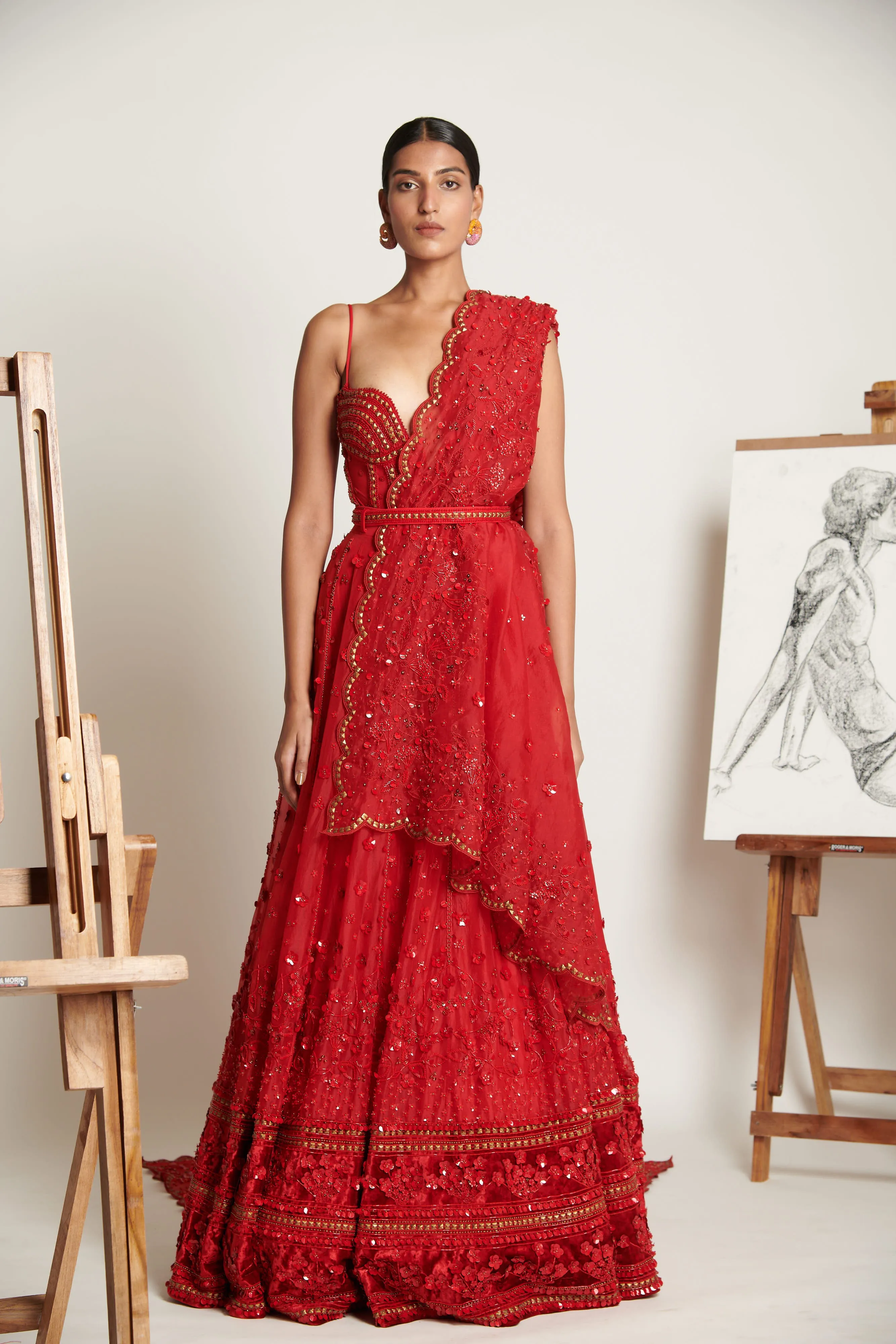 Vermilliion Botanique Lehenga with Embellished Bodysuit and Floral Applique Dupatta