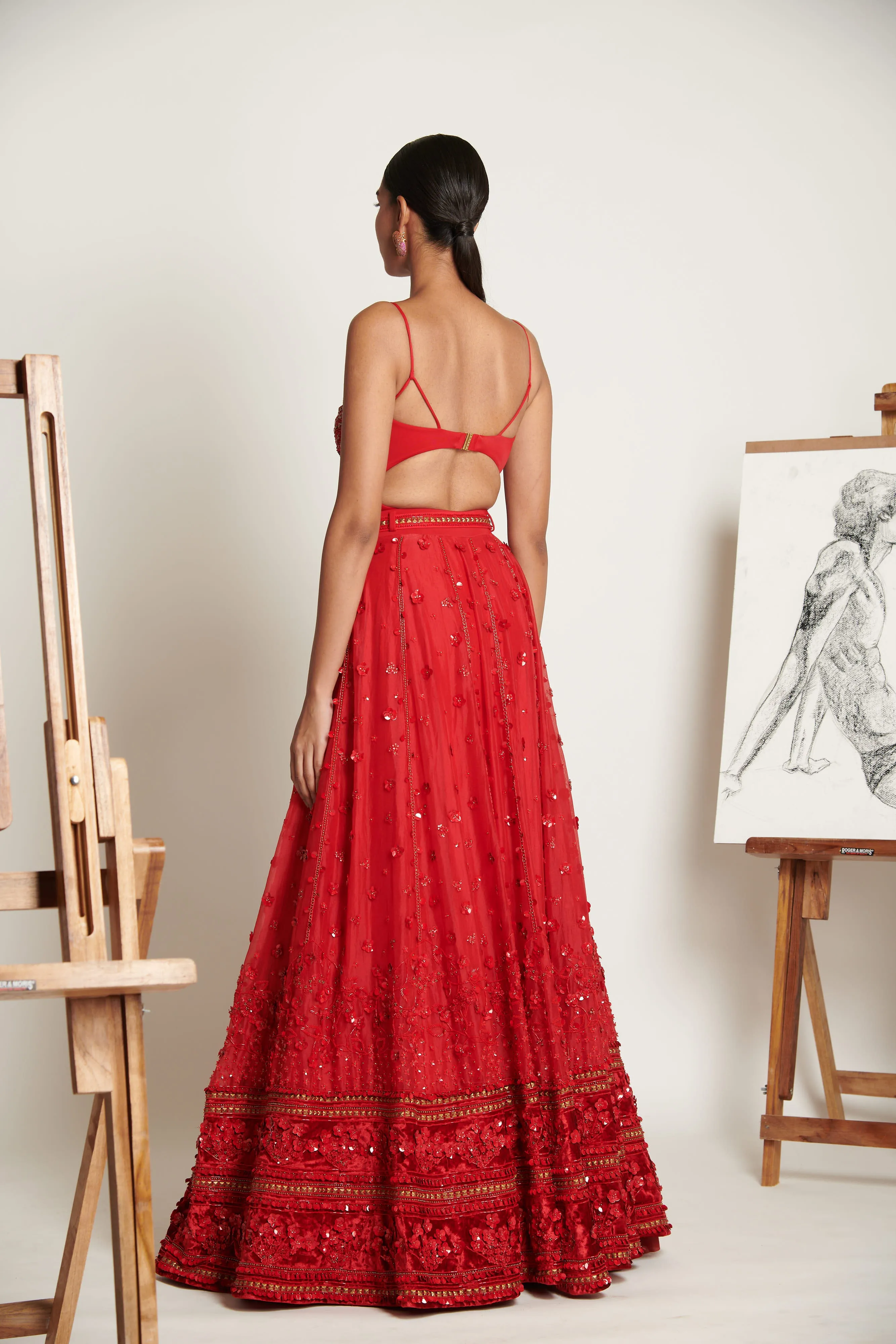 Vermilliion Botanique Lehenga with Embellished Bodysuit and Floral Applique Dupatta