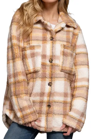 Women's Button Down Oversized Printed Faux Fur Jacket - Long Sleeve, Polyester