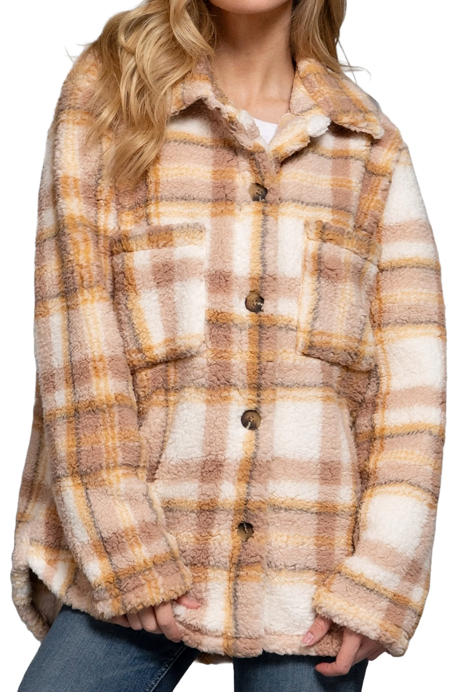 Women's Button Down Oversized Printed Faux Fur Jacket - Long Sleeve, Polyester