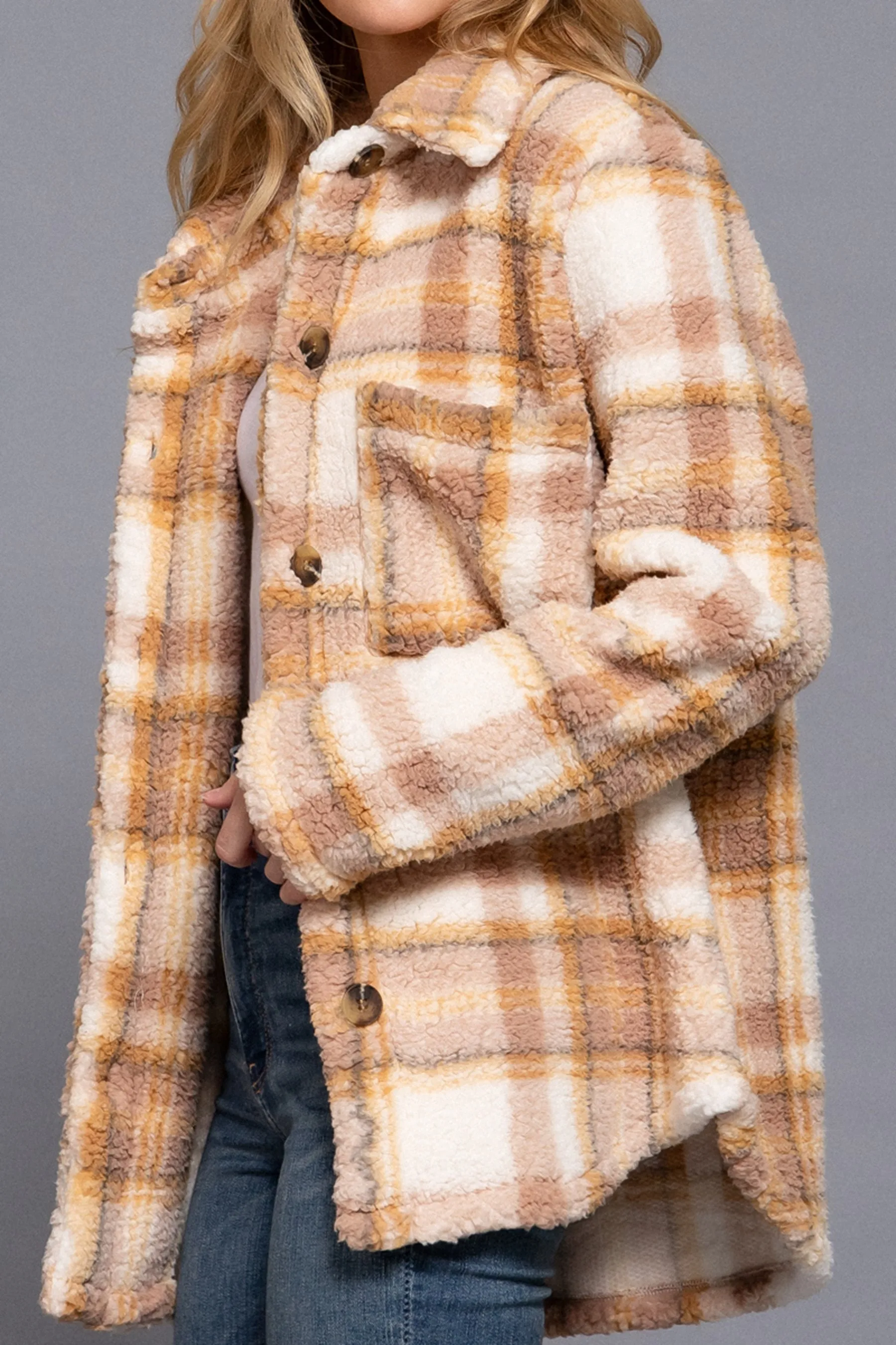 Women's Button Down Oversized Printed Faux Fur Jacket - Long Sleeve, Polyester