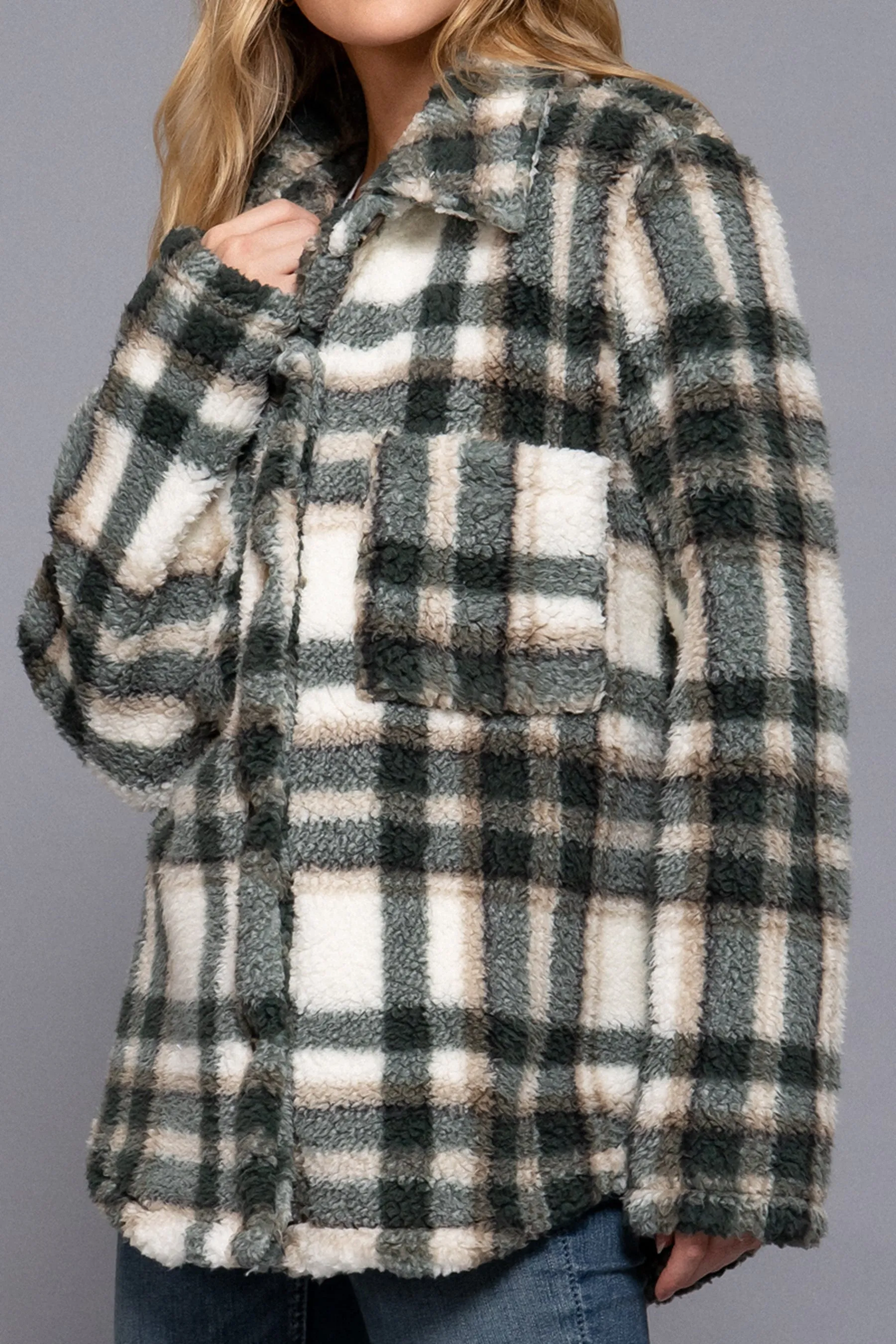 Women's Button Down Oversized Printed Faux Fur Jacket - Long Sleeve, Polyester